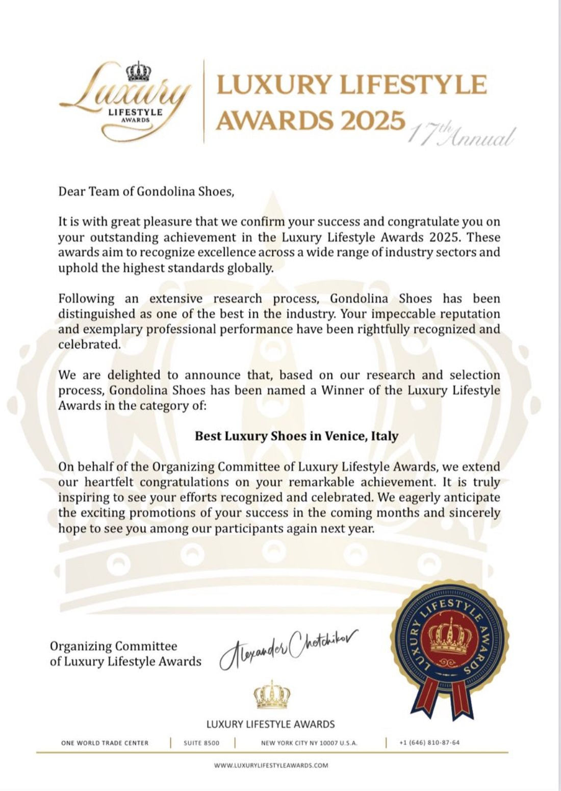 Gondolina Shoes Wins Best Luxury Shoes in Venice at Luxury Lifestyle Awards 2025