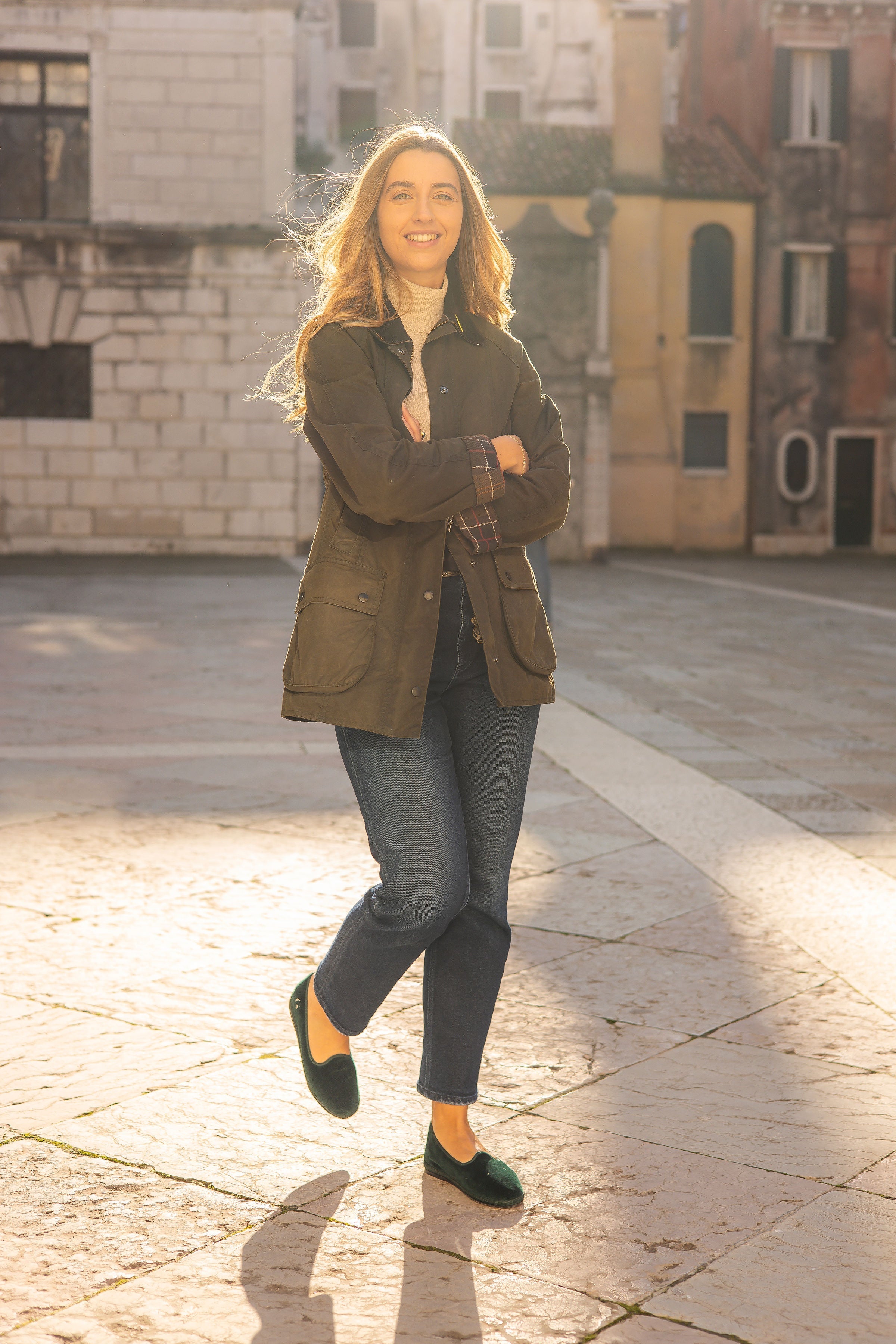 Handcrafted Gondolina Alberoni flats in dark green velvet, featuring authentic Venetian design, full-body