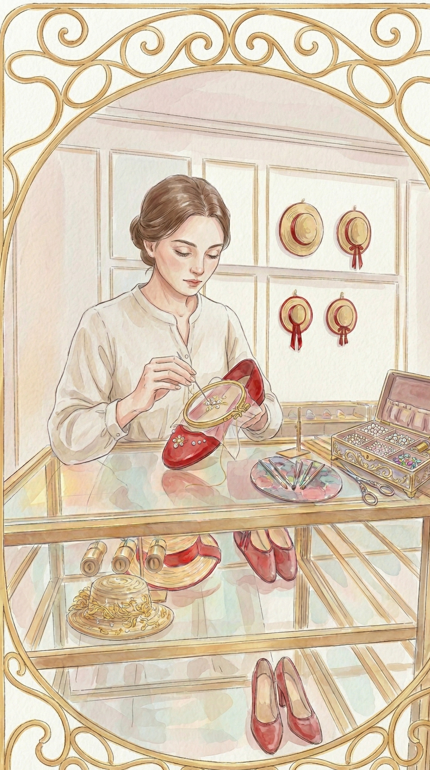 Boutique experience: woman customizing shoes with embroiderycustom expereienc ein boutique.
