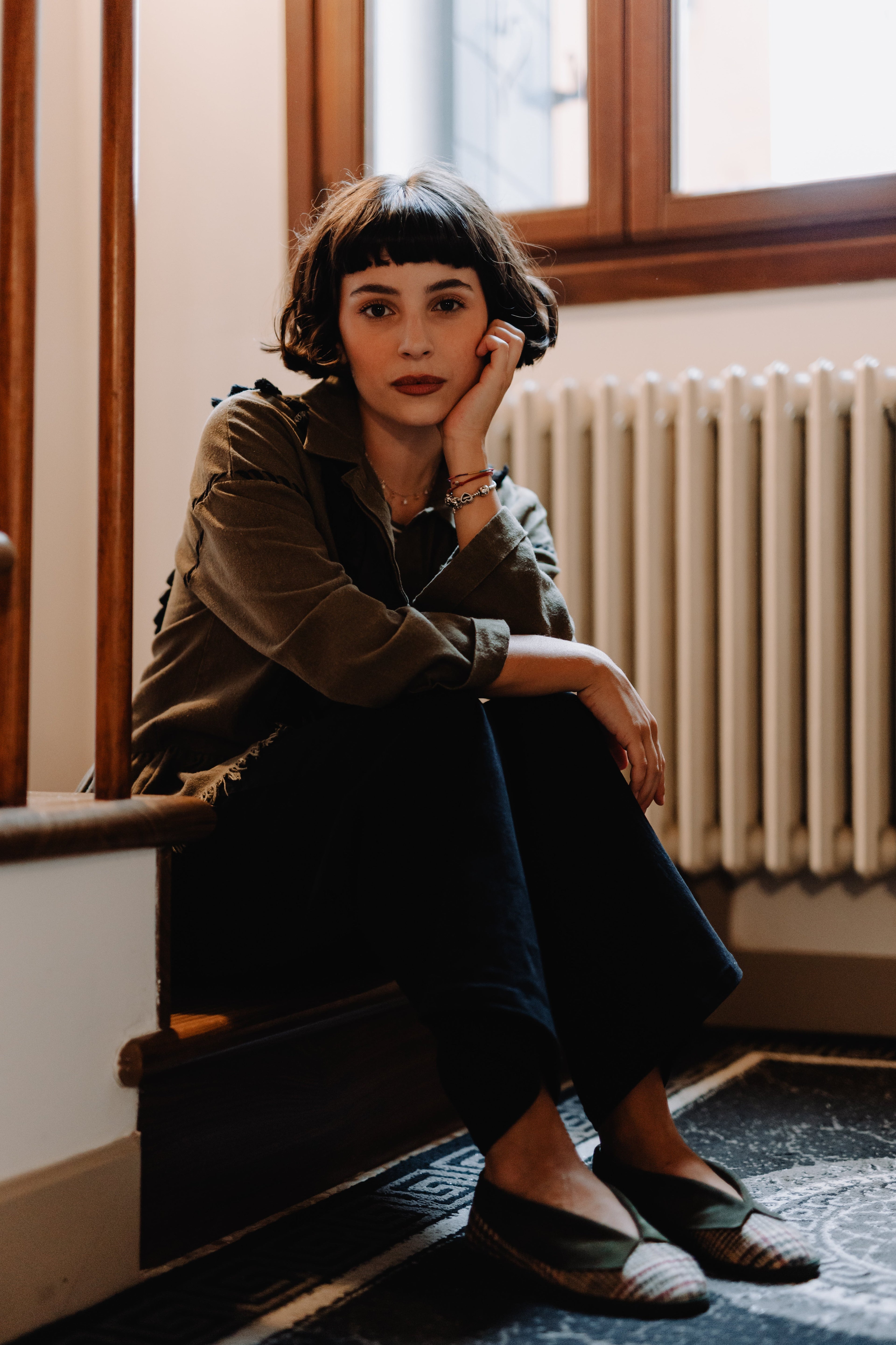 Handcrafted Gondolina Duchessa ballet flats in scottish tweed and green collar, featuring authentic Venetian design, full-body