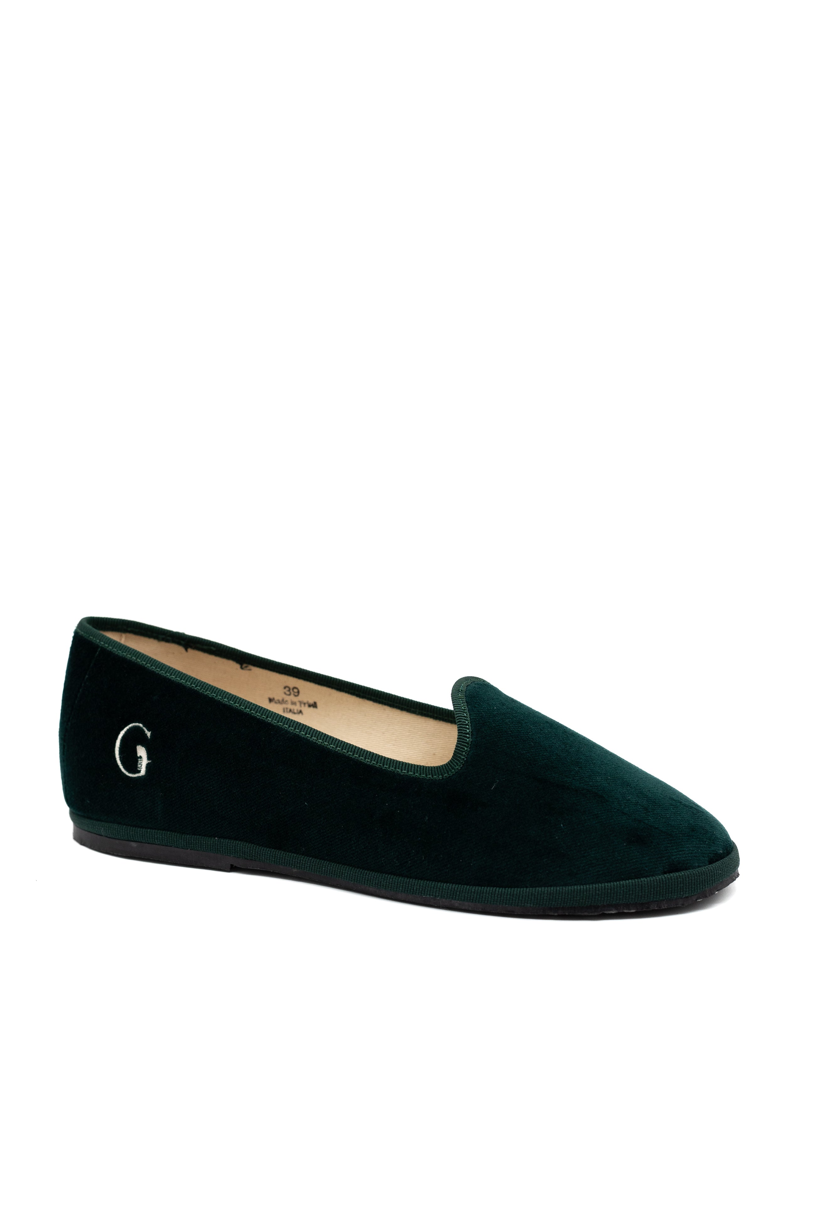 Handcrafted Gondolina Alberoni flats in dark green velvet, featuring authentic Venetian design, side view