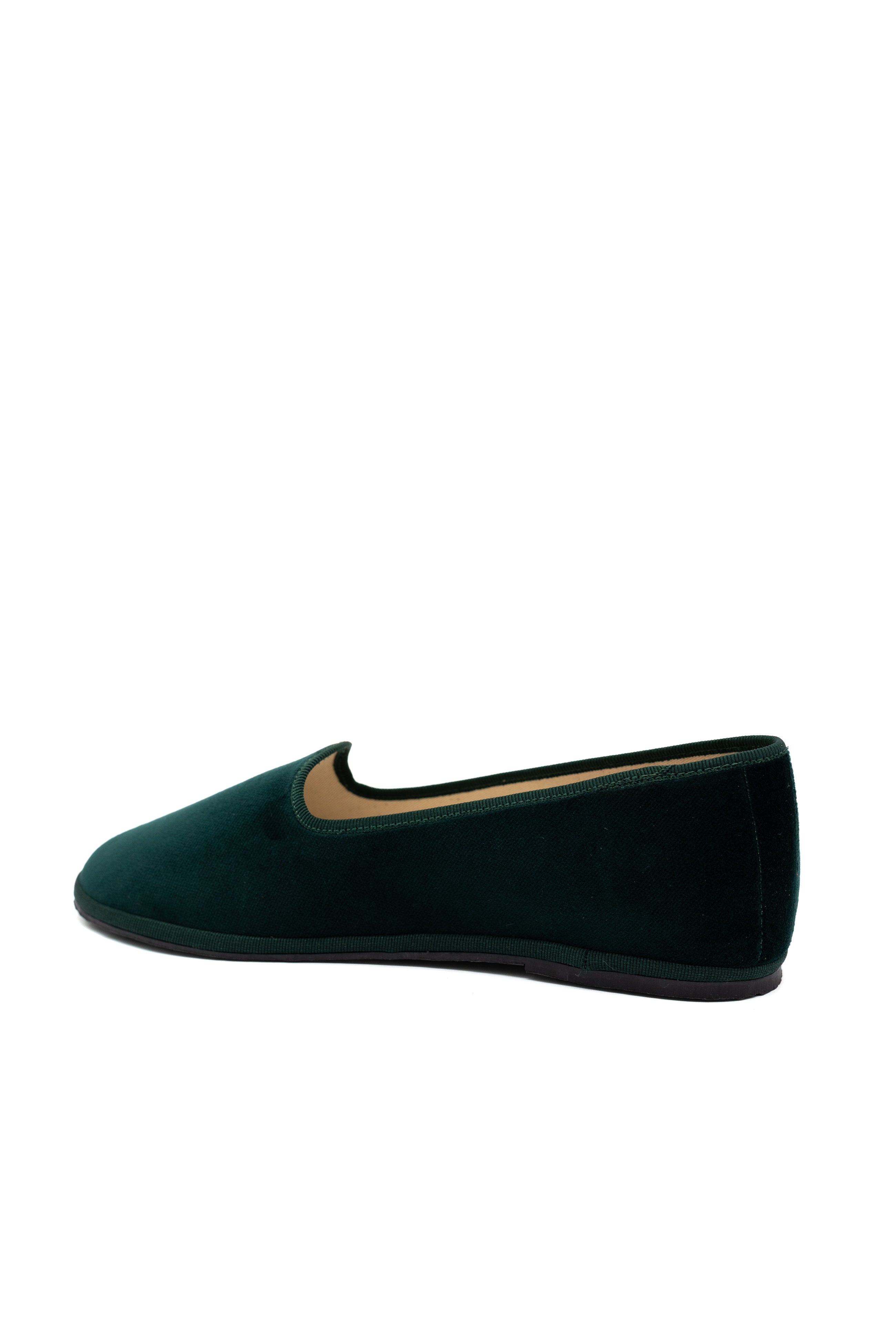 Handcrafted Gondolina Alberoni flats in dark green velvet, featuring authentic Venetian design, back view