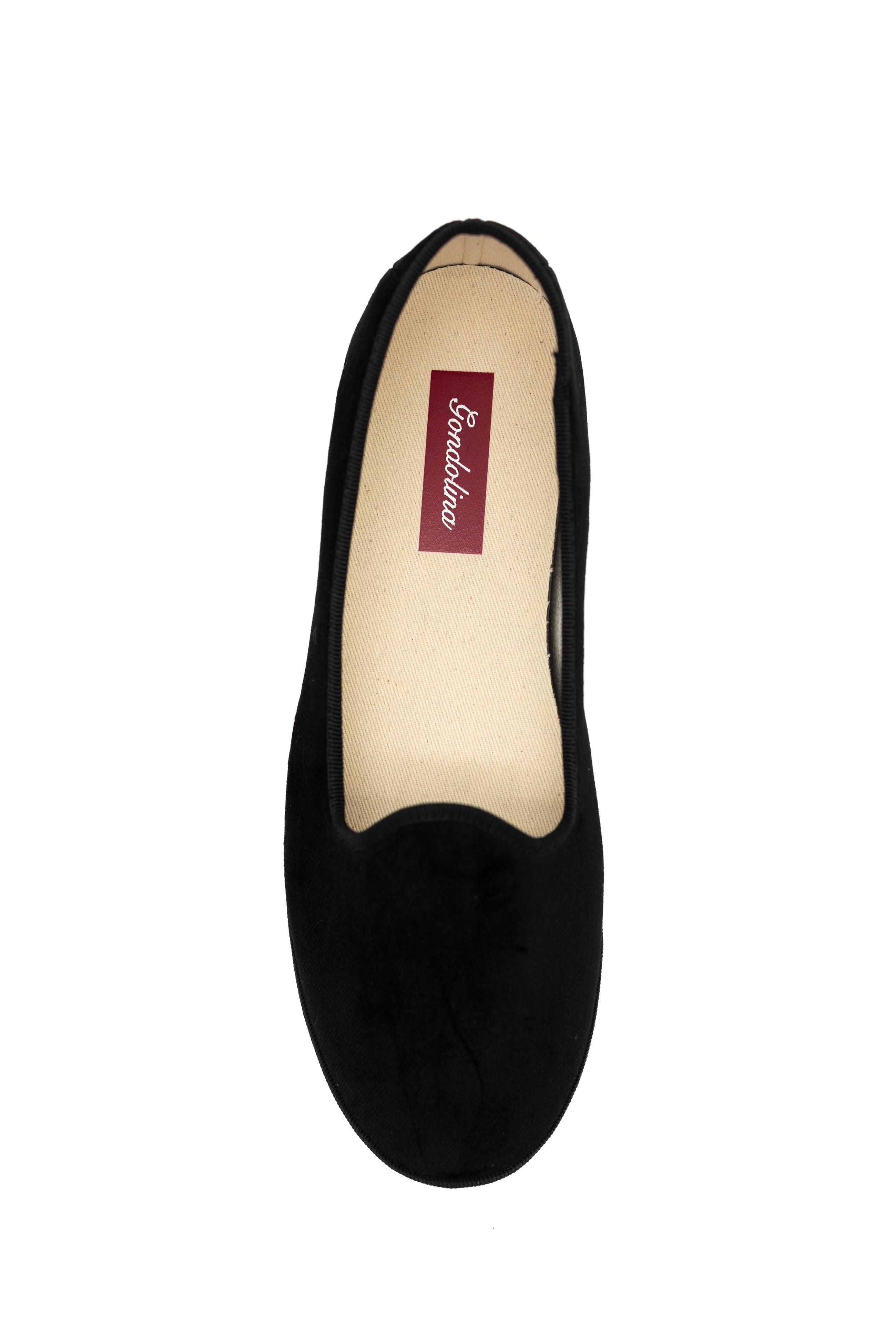 Handcrafted Gondolina Pellestrina flats for women in black velvet, authentic Venetian style, top view