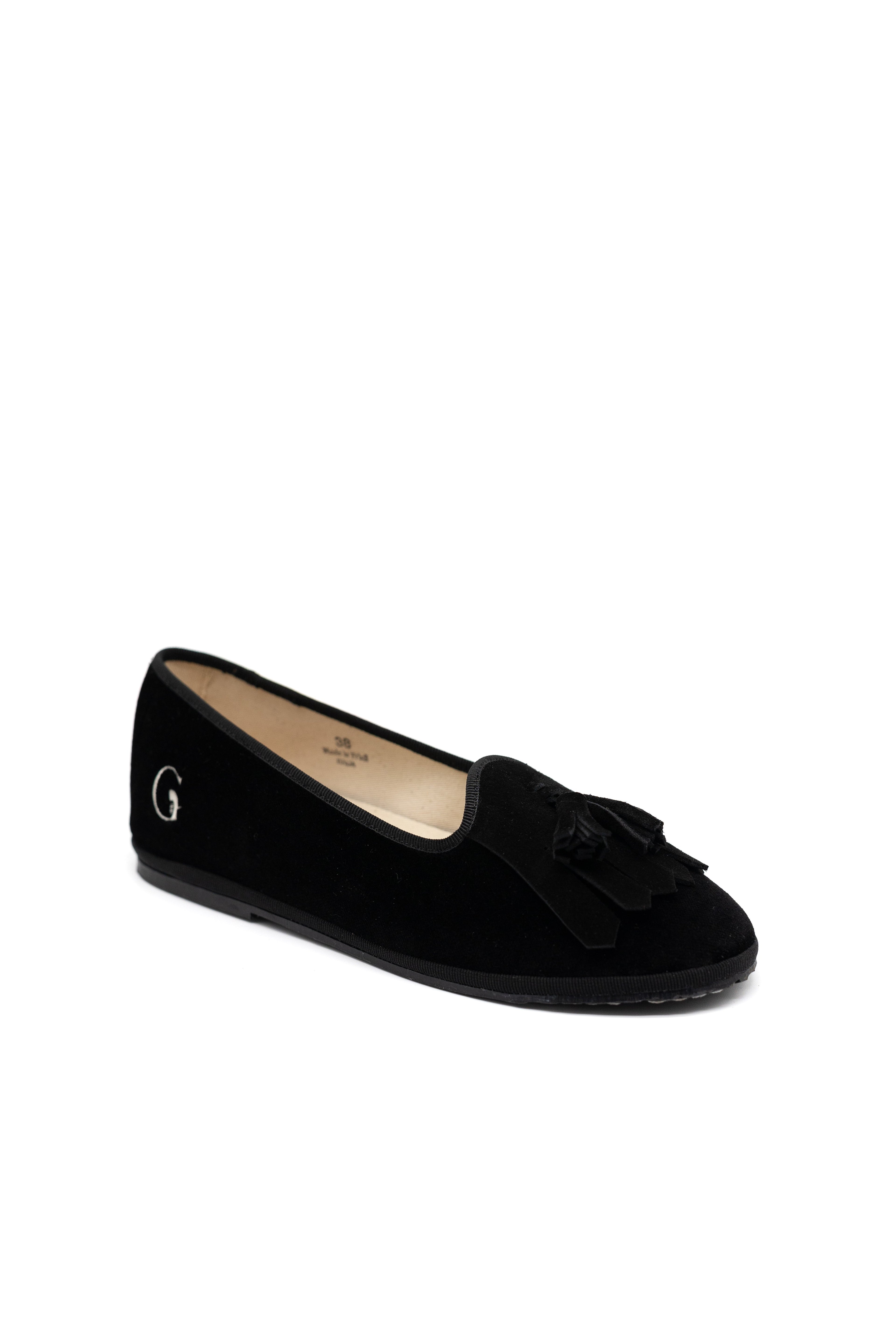 Handcrafted Gondolina Bigontina tassel flats in black velvet for women, featuring authentic Venetian design, angled view