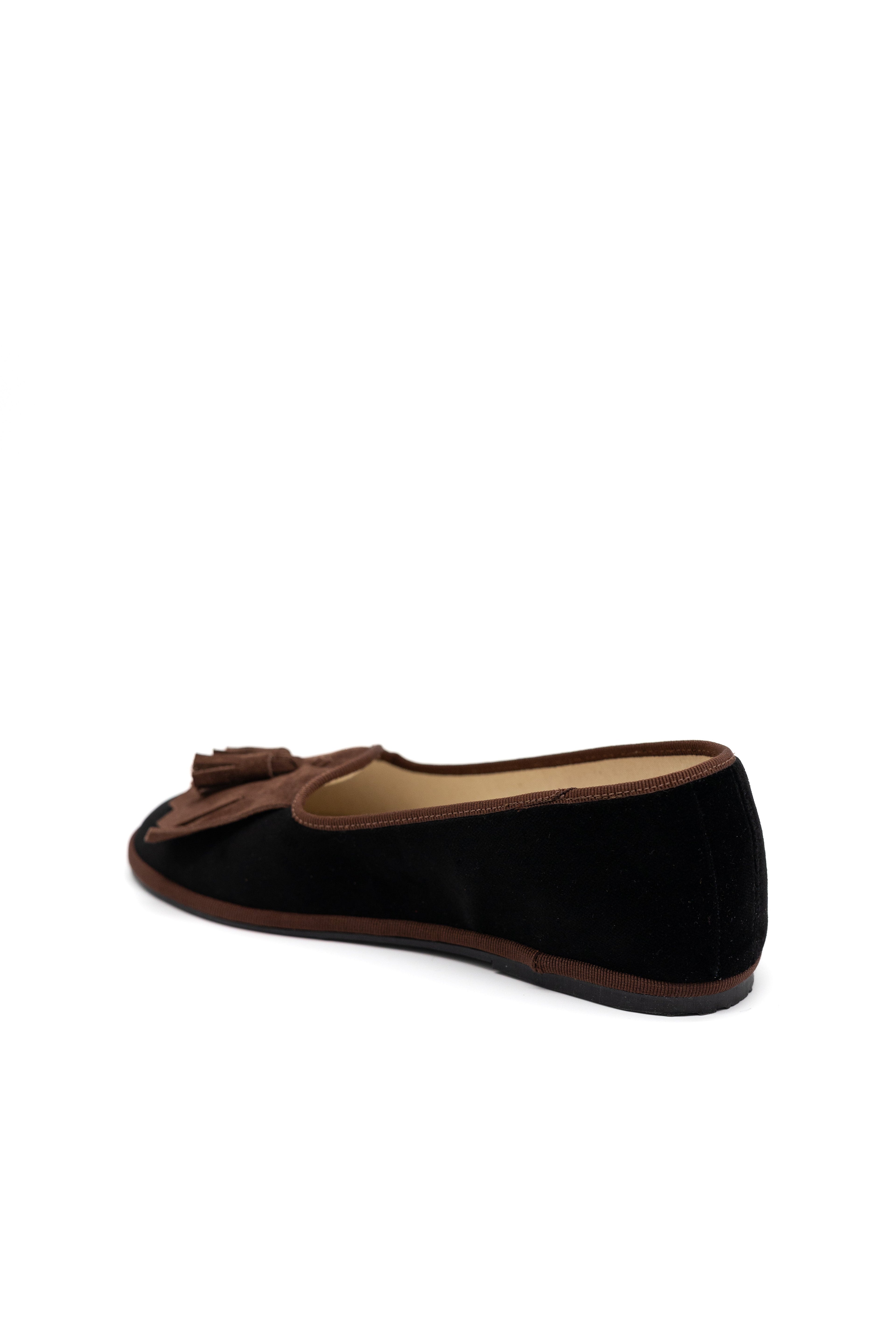 Handcrafted Gondolina Falzarego fringe tassel flats for women in black velvet, featuring authentic Venetian design, back view