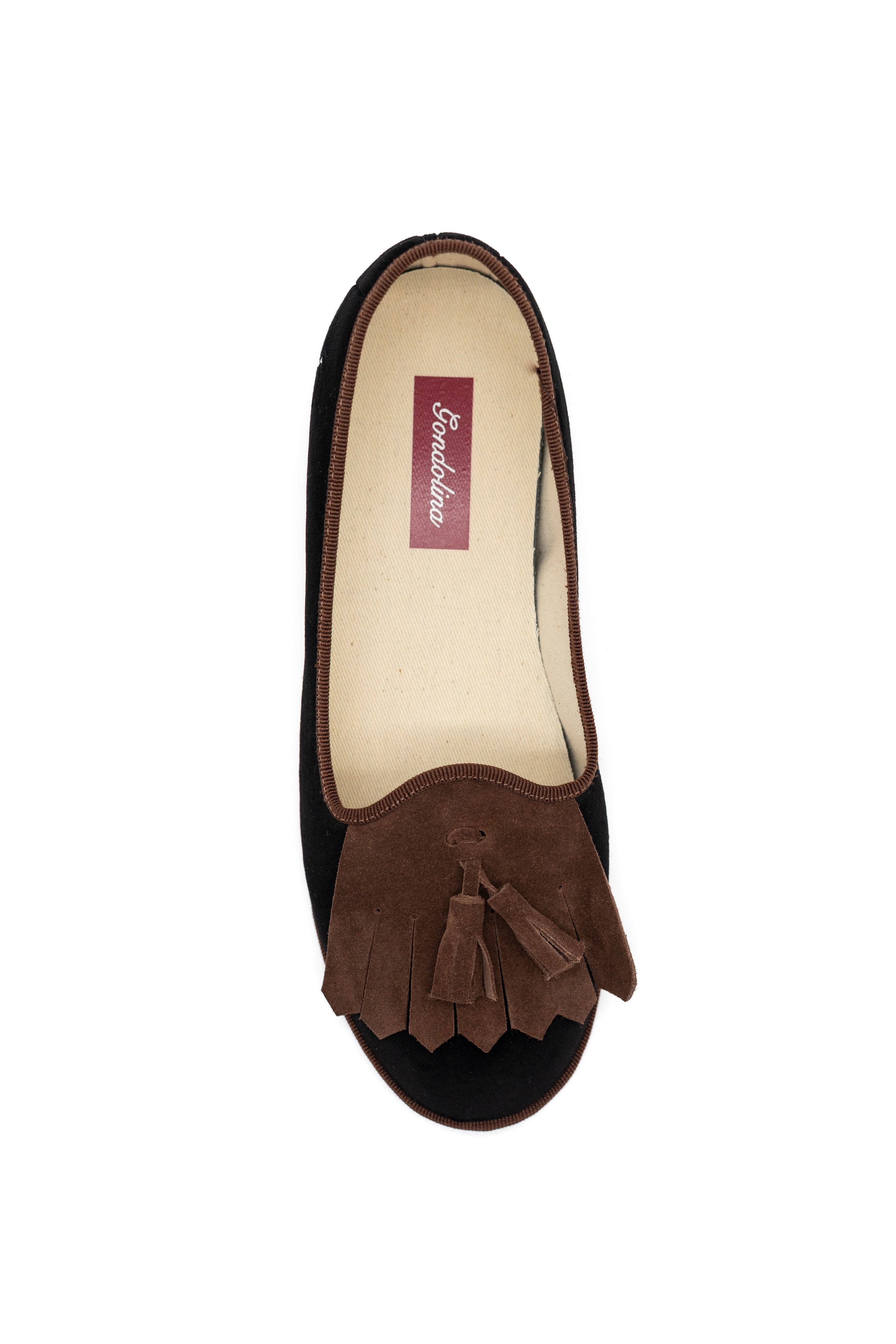 Handcrafted Gondolina Falzarego fringe tassel flats for women in black velvet, featuring authentic Venetian design, top view