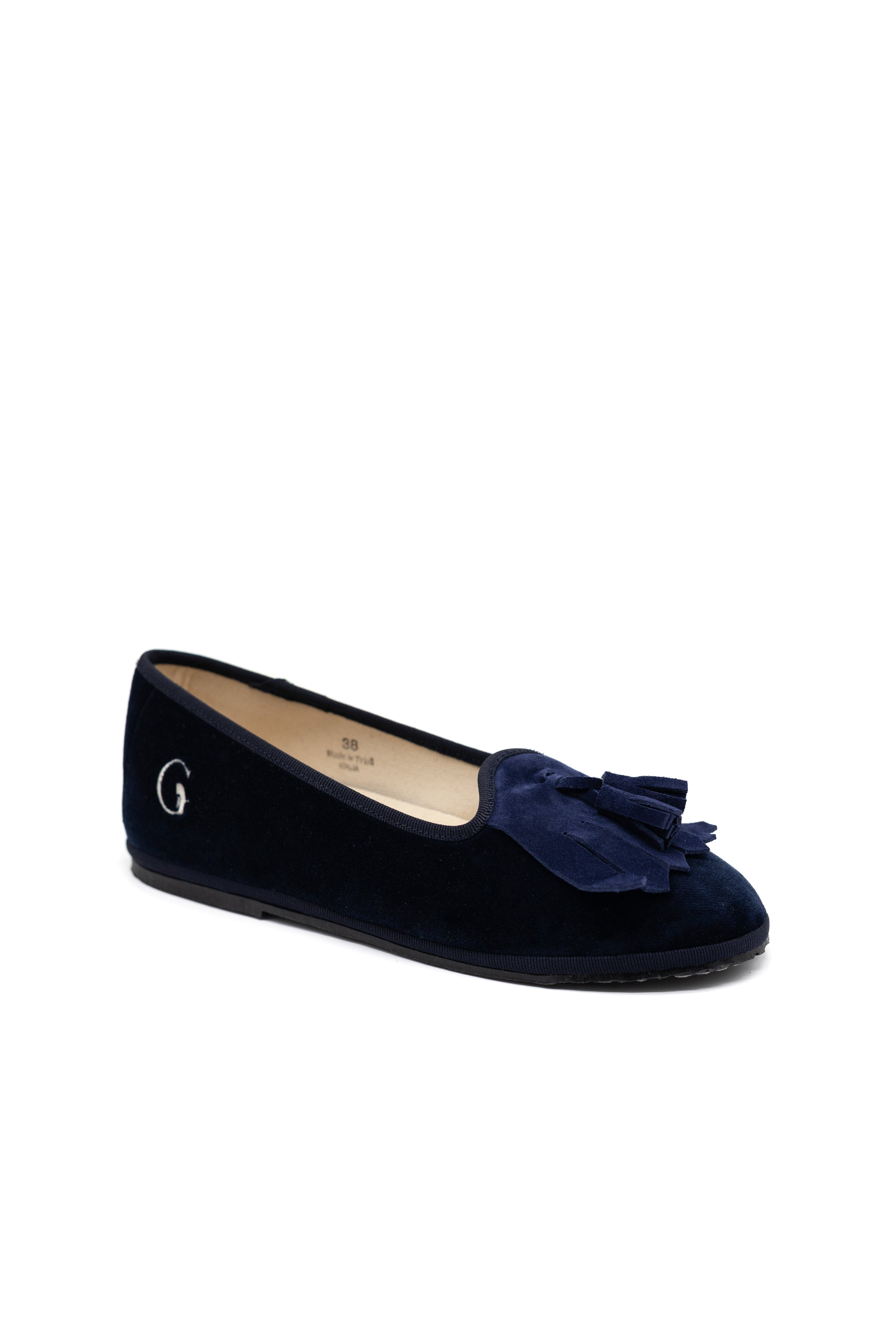 Handcrafted Gondolina Lagazuoi fringe tassel flats in blue velvet for women, featuring authentic Venetian design, angled view