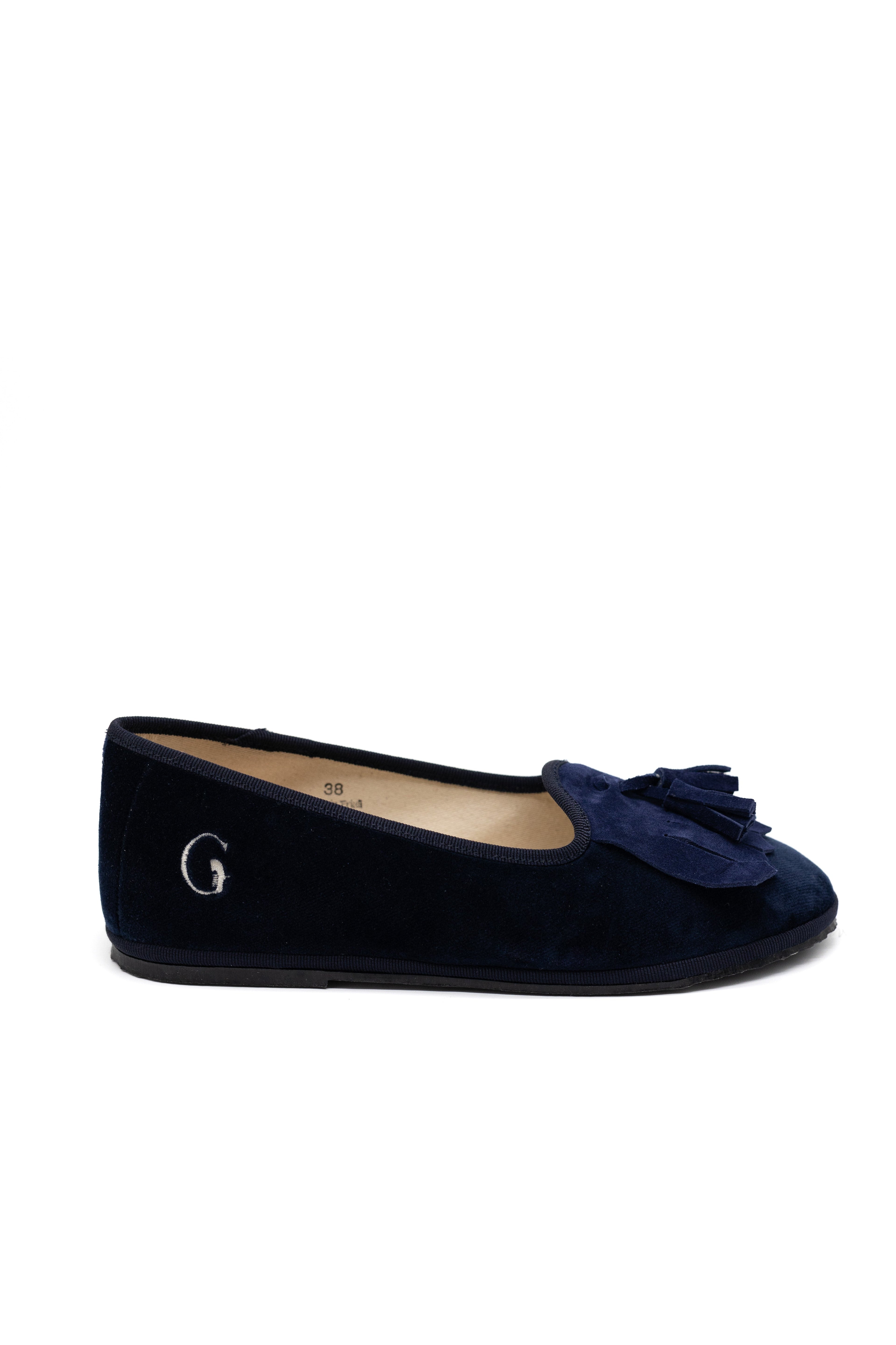 Handcrafted Gondolina Lagazuoi fringe tassel flats in blue velvet for women, featuring authentic Venetian design, side view