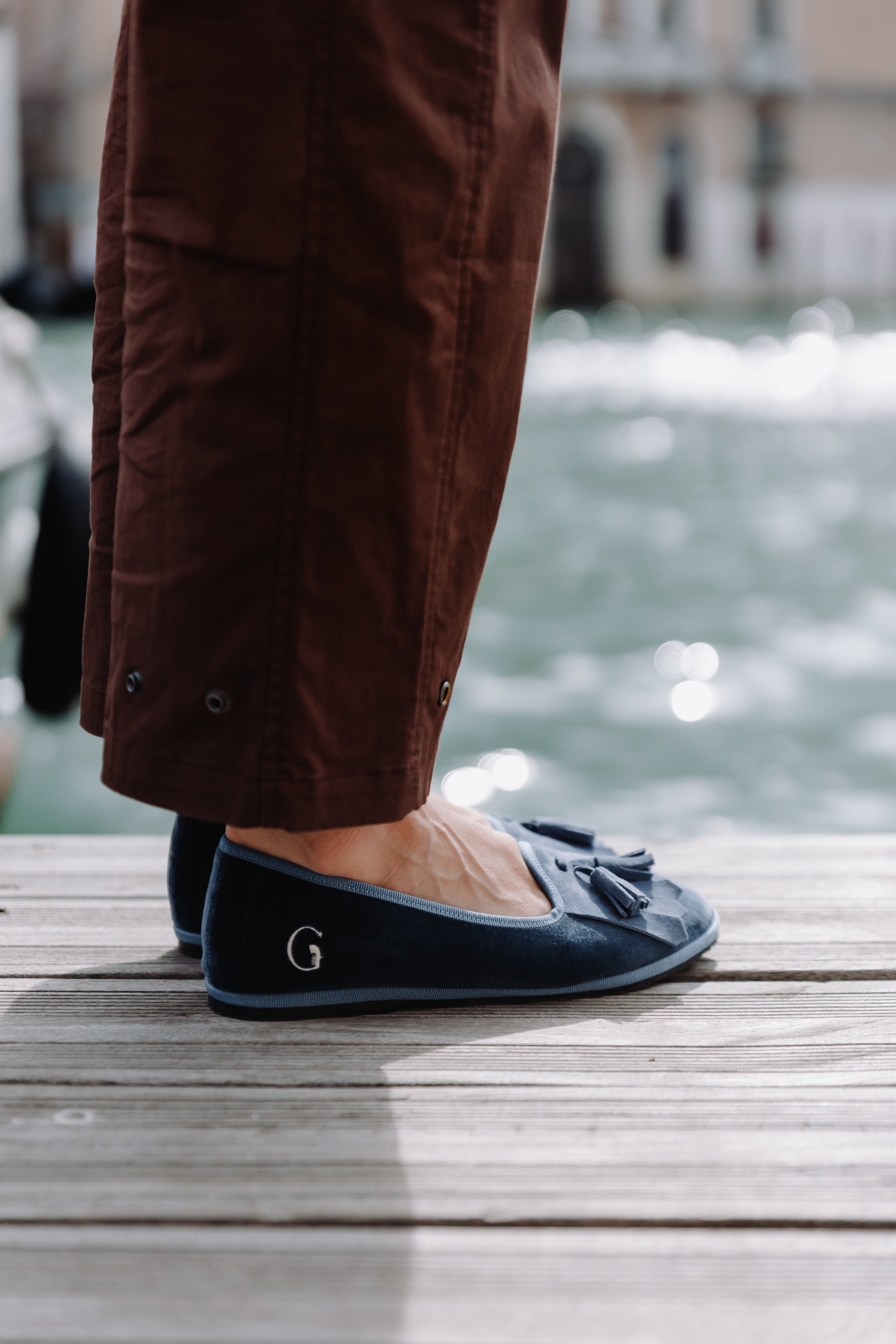 Handcrafted Gondolina Monte Cristallo fringe tassel flats in light blue velvet, featuring authentic Venetian design, detail