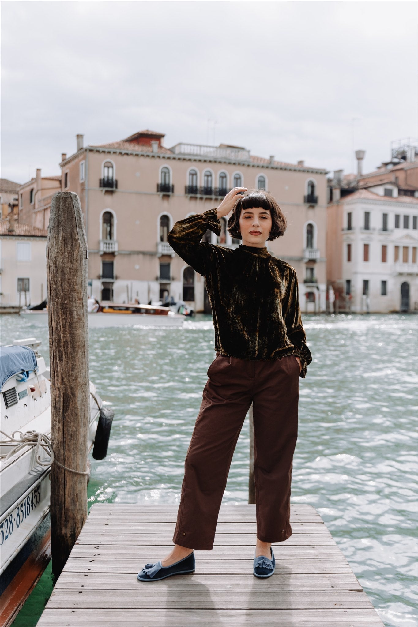 Handcrafted Gondolina Monte Cristallo fringe tassel flats in light blue velvet, featuring authentic Venetian design, full-body