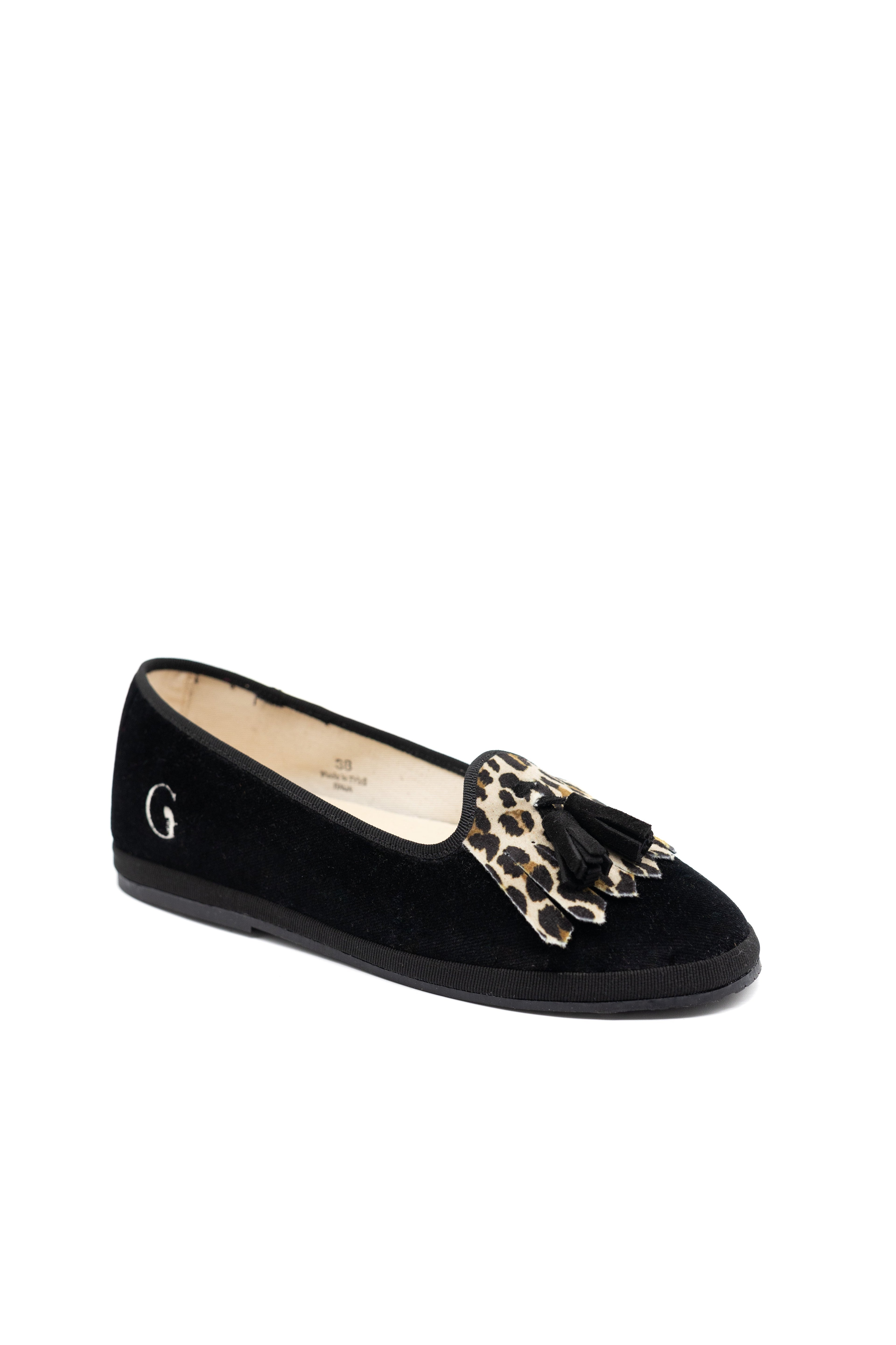 Handcrafted Gondolina Olympia tassel flats in black and leopard fringe in velvet for women, featuring authentic Venetian design, angled view