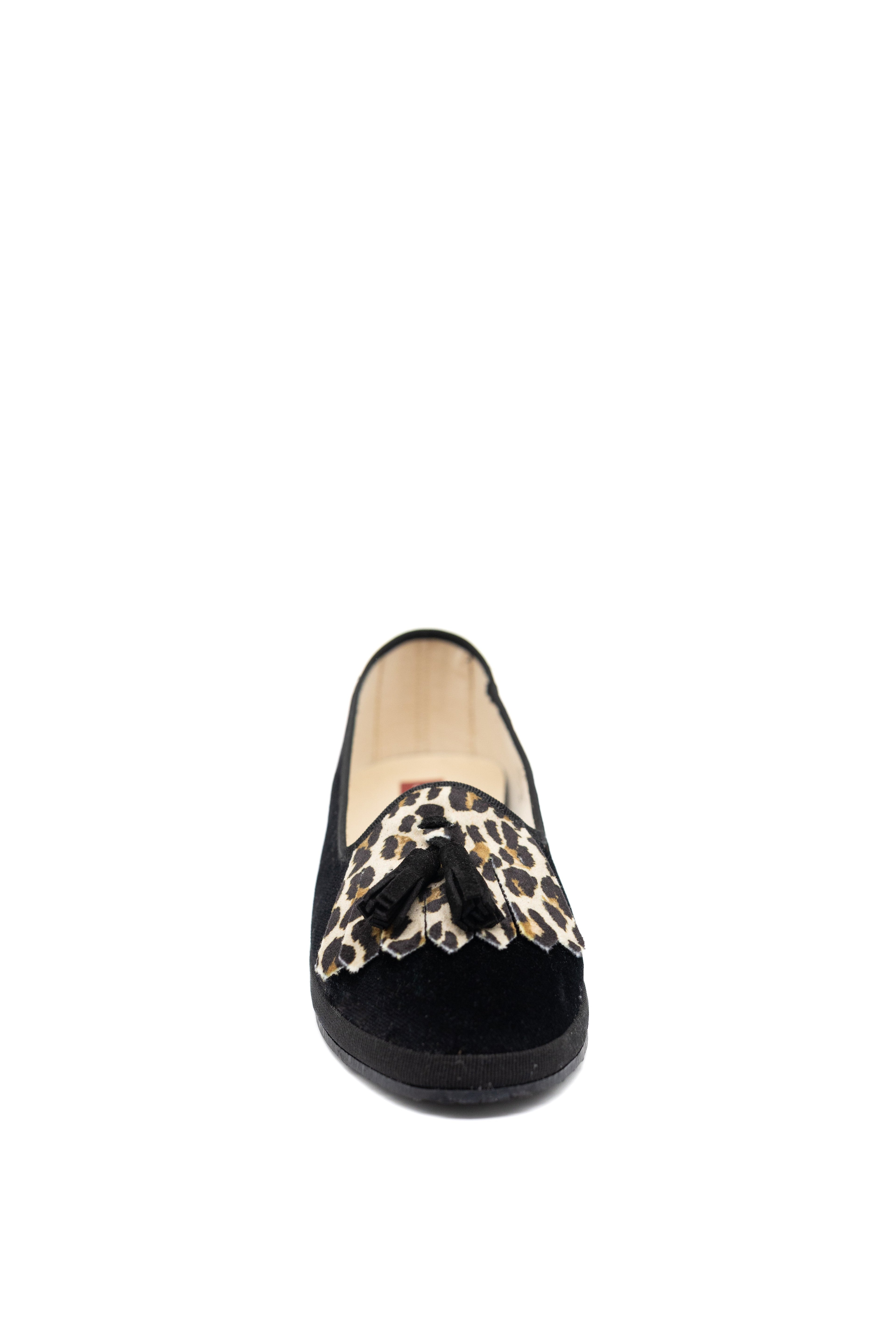 Handcrafted Gondolina Olympia tassel flats in black and leopard fringe in velvet for women, featuring authentic Venetian design, front view