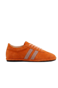 An orange suede sneaker with pink stripes and matching laces main view 