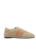 A beige suede gondolina sneaker with two vertical peach-orange stripes on the side, matching beige laces, main view