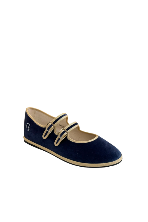 Made in Italy Gondolina Shoes Adriatica Mary Jane in blue and beige velvet, angled view