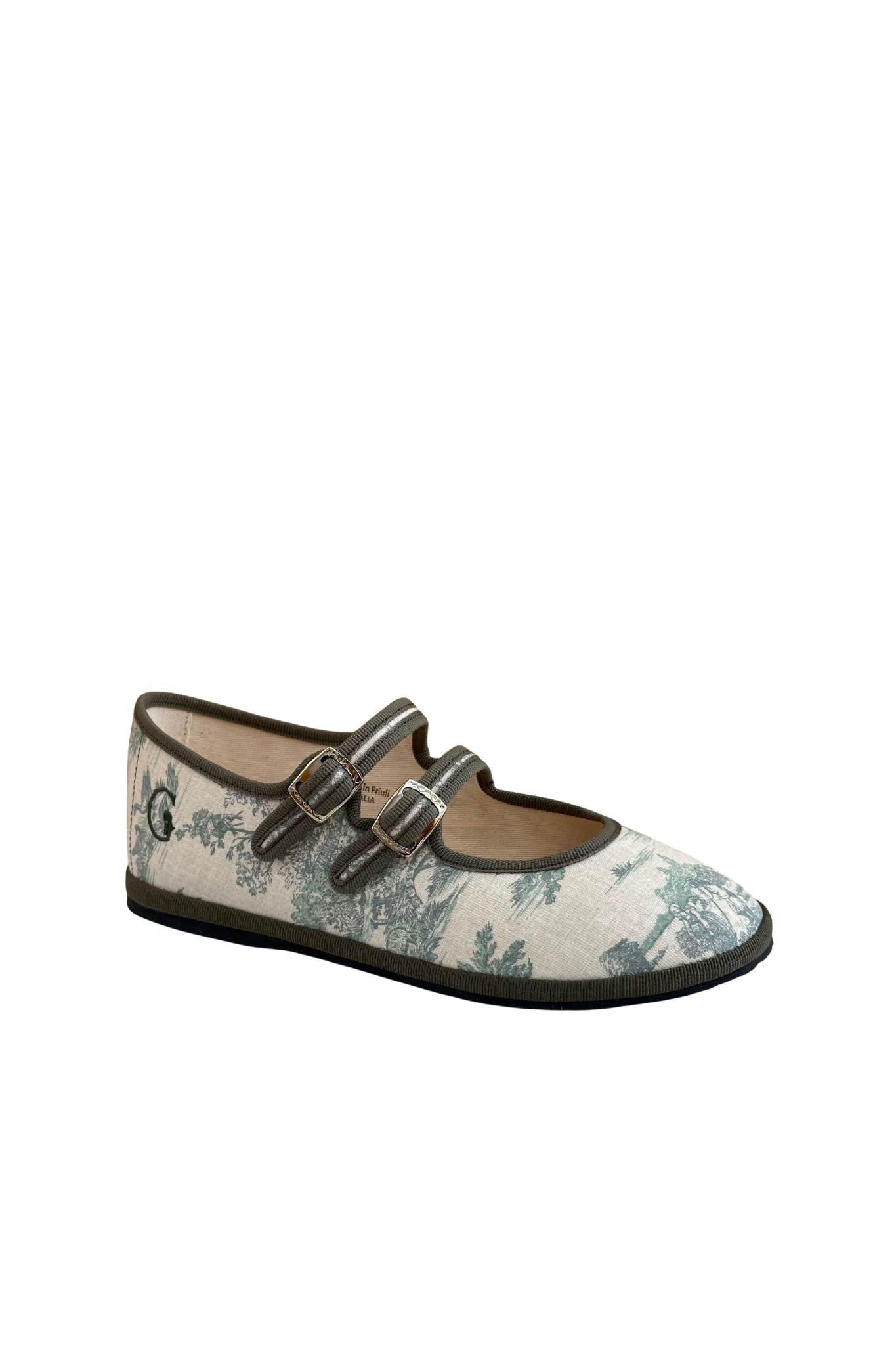Made in Italy Gondolina Toule de Jouy Mary Jane shoes in green white cotton, angled view