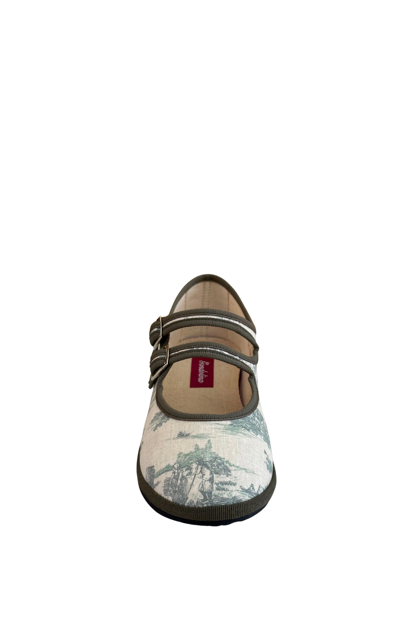 Made in Italy Gondolina Toule de Jouy Mary Jane shoes in green white cotton, front view