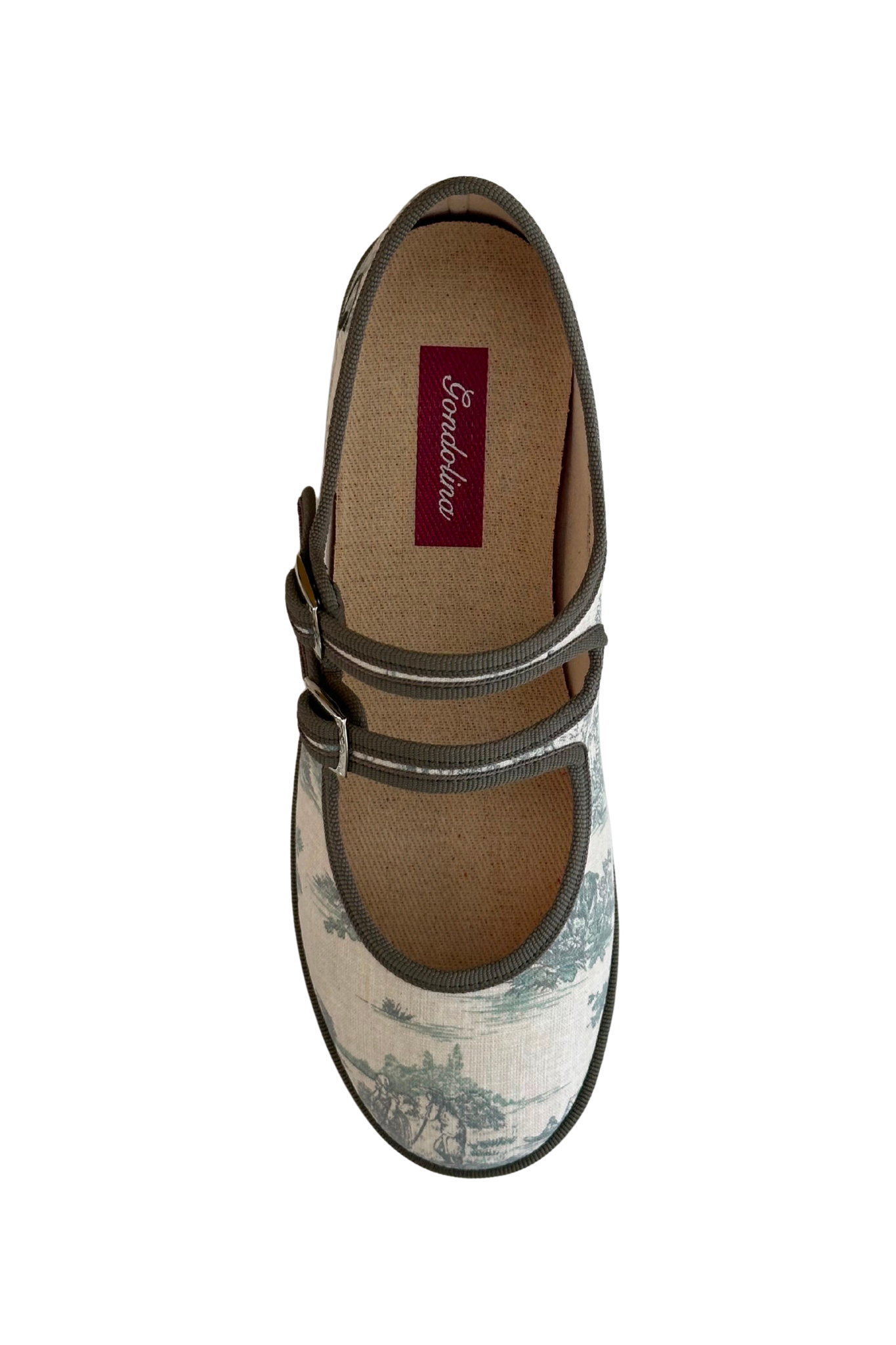 Made in Italy Gondolina Toule de Jouy Mary Jane shoes in green white cotton, top view