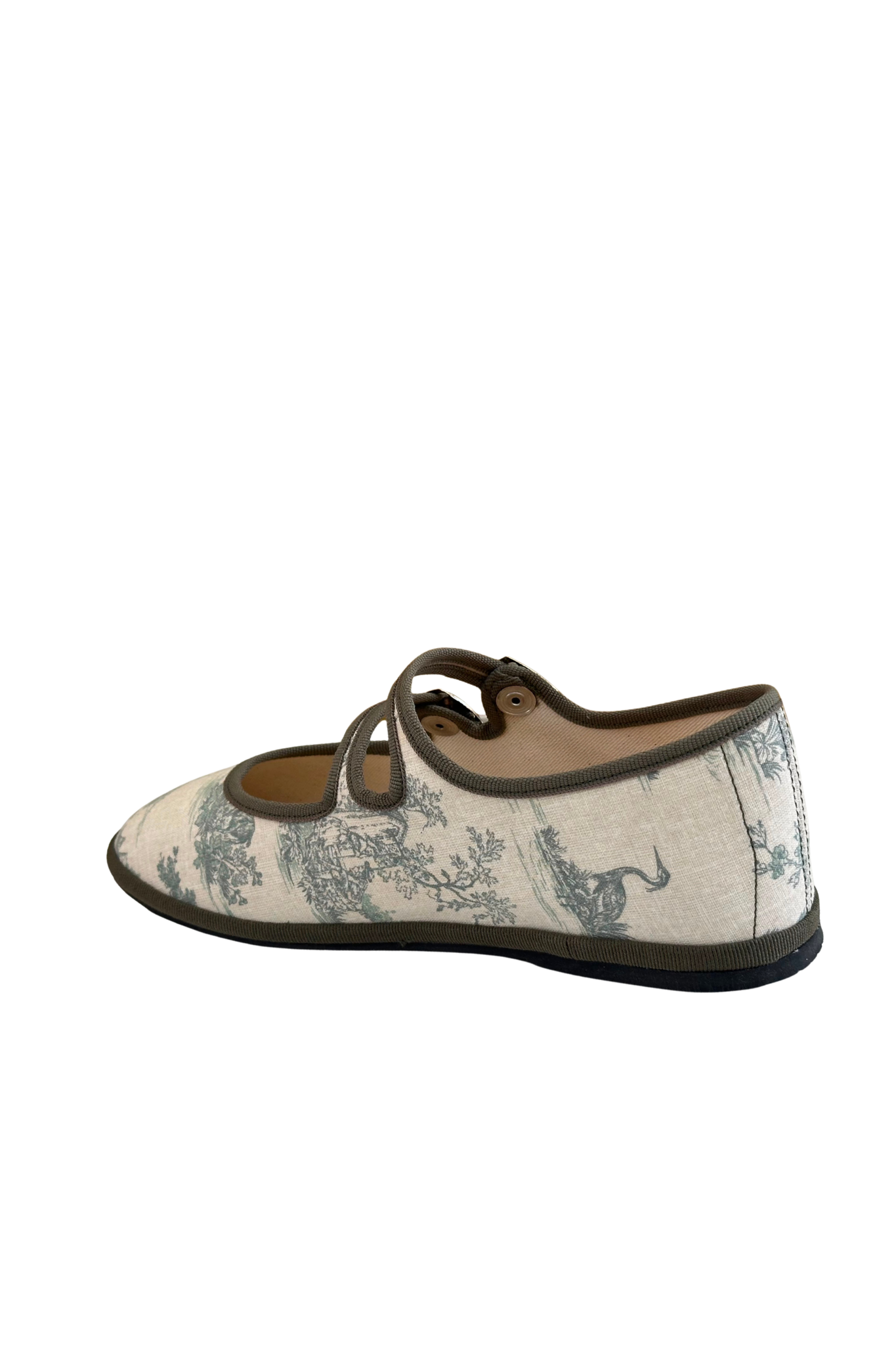 Made in Italy Gondolina Toule de Jouy Mary Jane shoes in green white cotton, back view