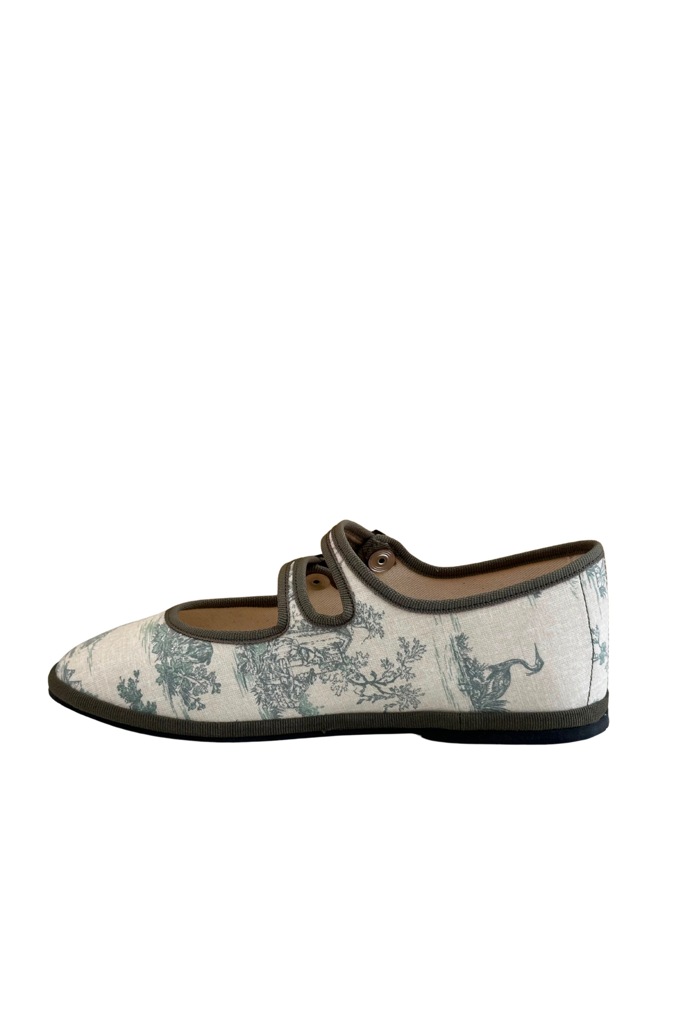 Made in Italy Gondolina Toule de Jouy Mary Jane shoes in green white cotton, back view