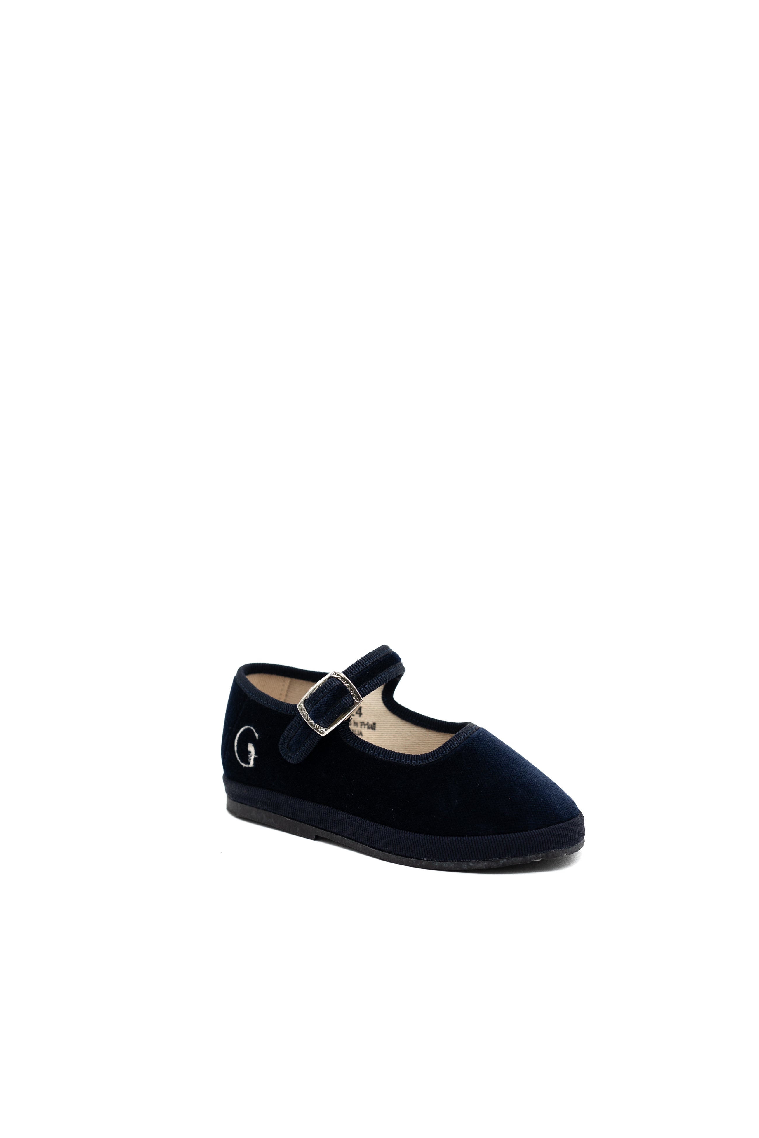 Handcrafted Gondolina Picenin Mary Jane Baby in dark blue velvet, featuring authentic Venetian design, Side view