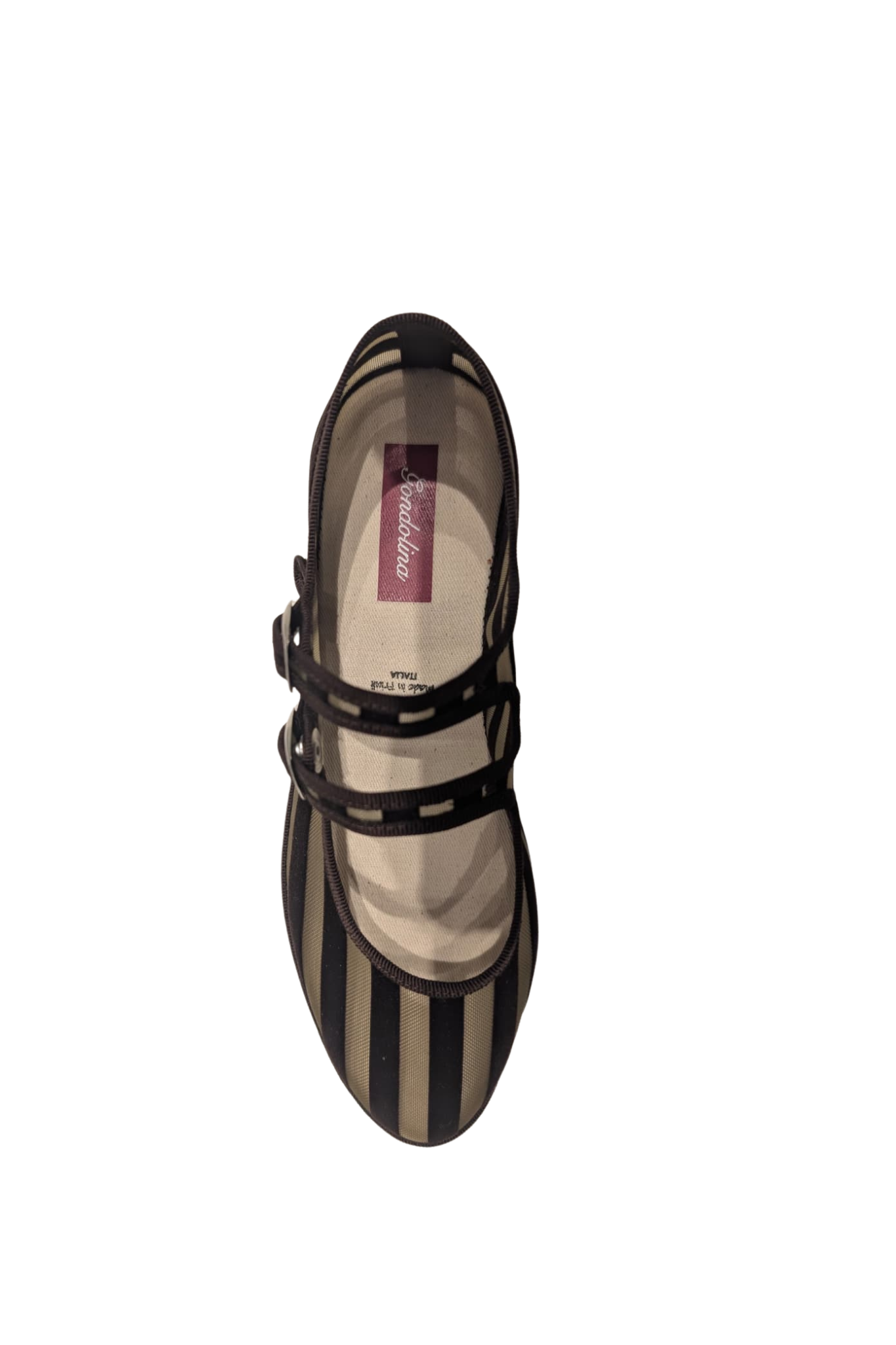 Made in Italy Gondolina mesh Mary Jane shoes in brown stripes, top view