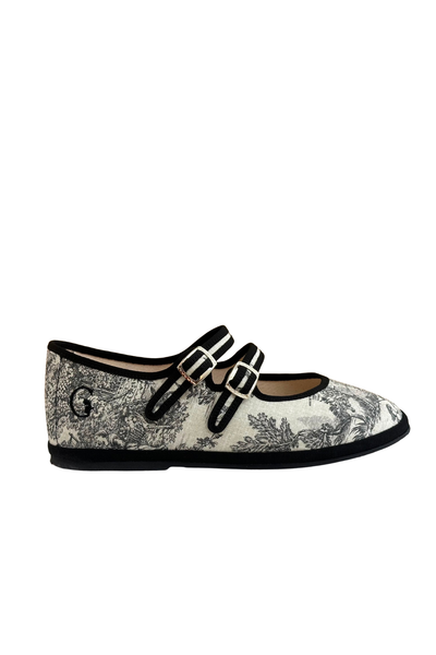 Made in Italy Gondolina Toule de Jouy Mary Jane shoes in black white cotton, main view