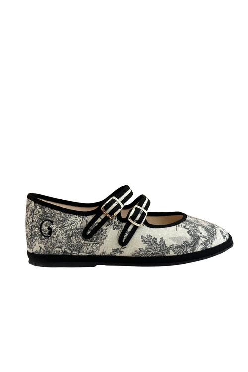Made in Italy Gondolina Toule de Jouy Mary Jane shoes in black white cotton, main view
