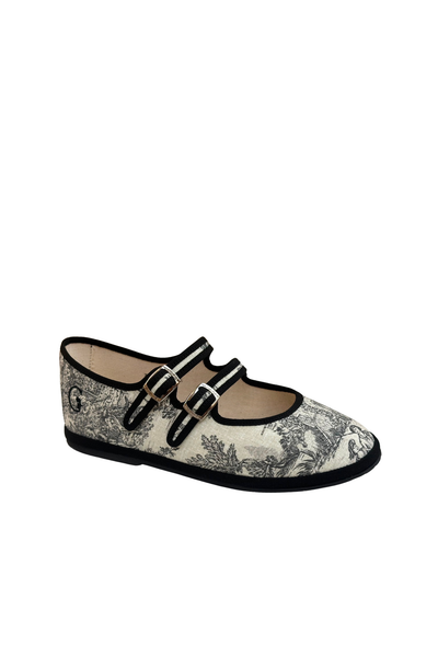Made in Italy Gondolina Toule de Jouy Mary Jane shoes in black white cotton, angled view