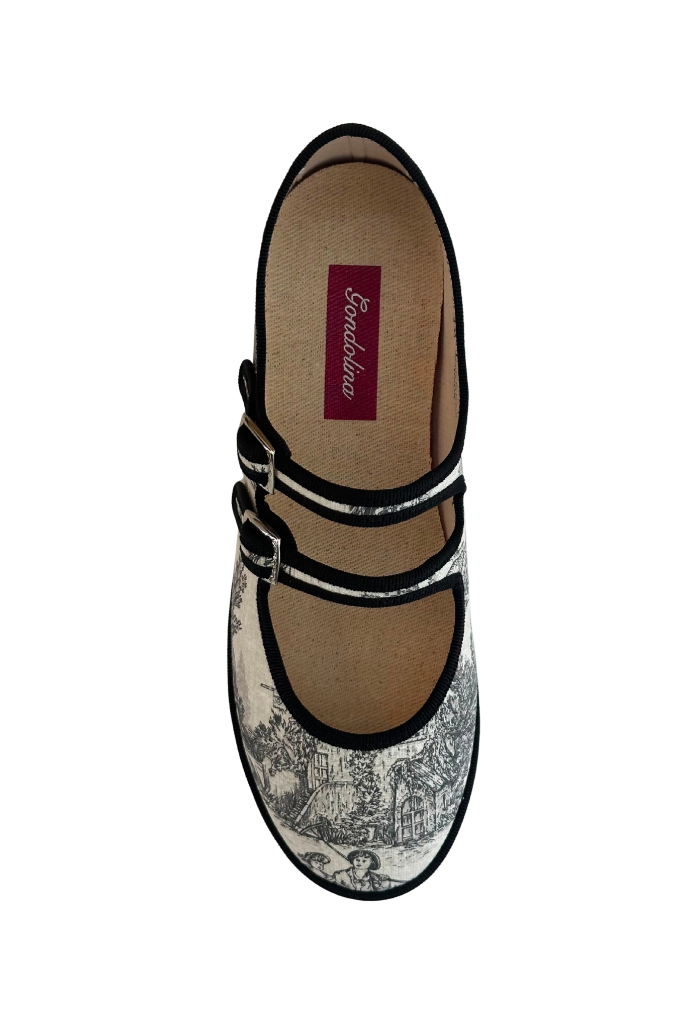 Made in Italy Gondolina Toule de Jouy Mary Jane shoes in black white cotton, top view