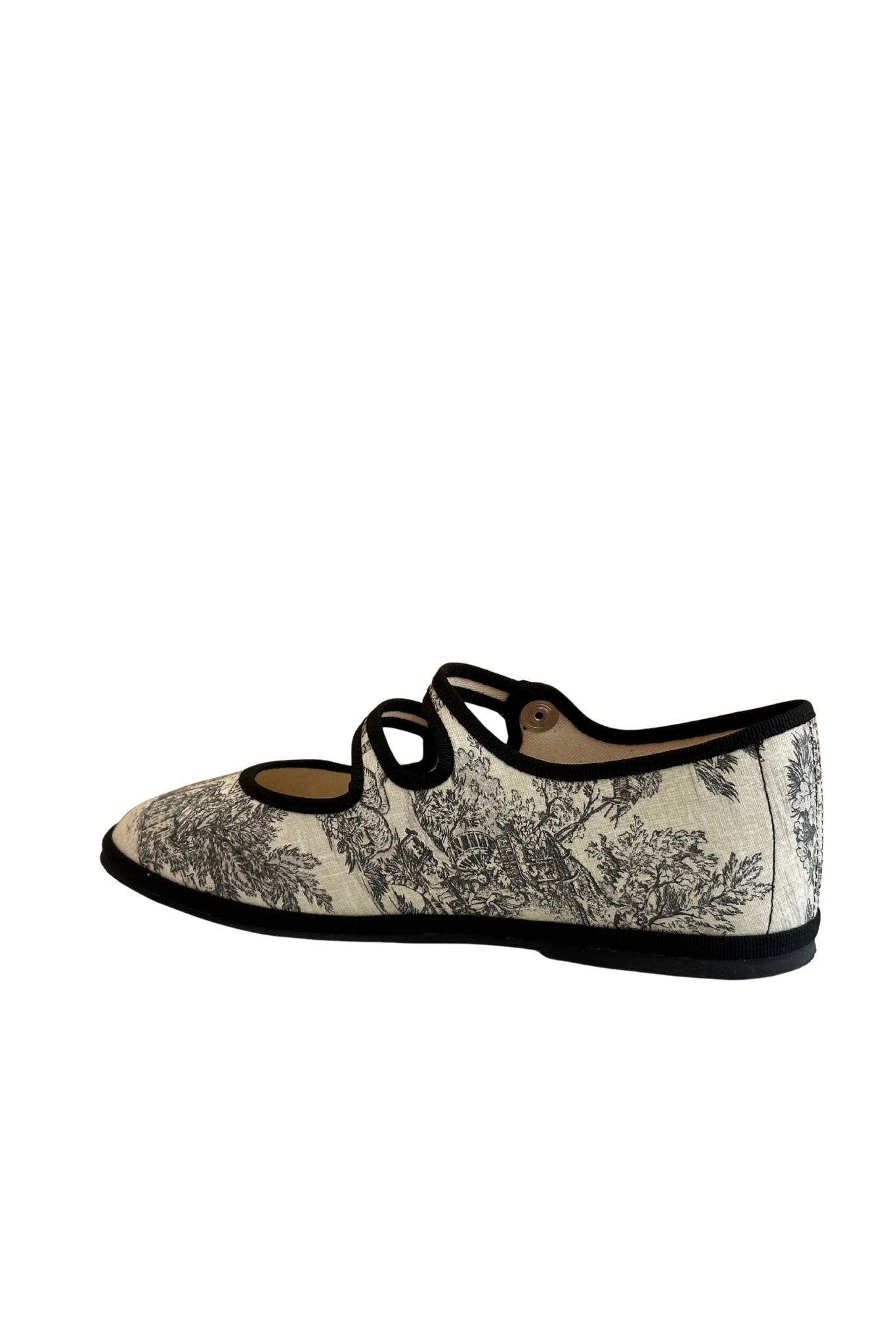 Made in Italy Gondolina Toule de Jouy Mary Jane shoes in black white cotton, back view
