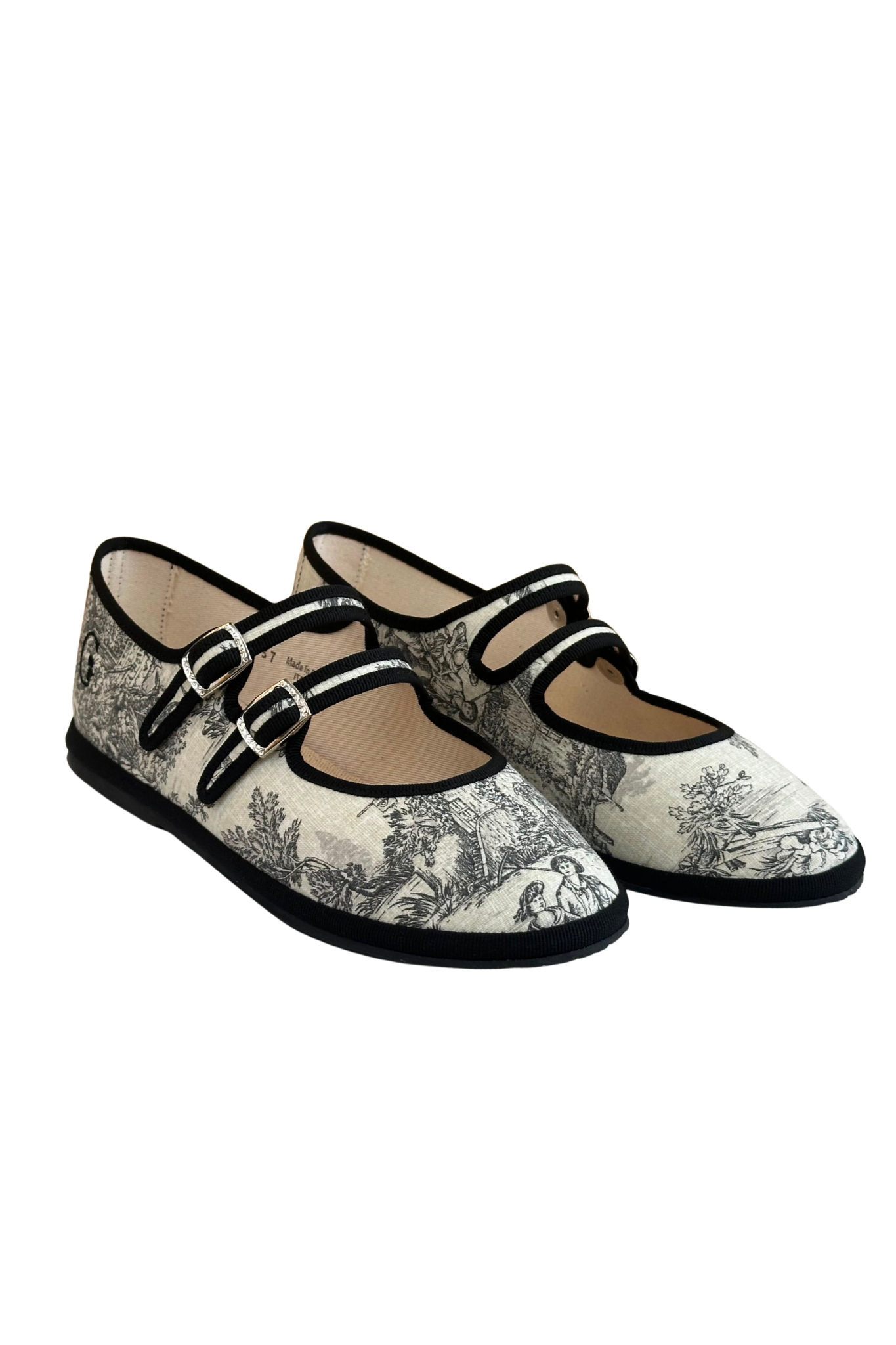 Made in Italy Gondolina Toule de Jouy Mary Jane shoes in black white cotton, pair view
