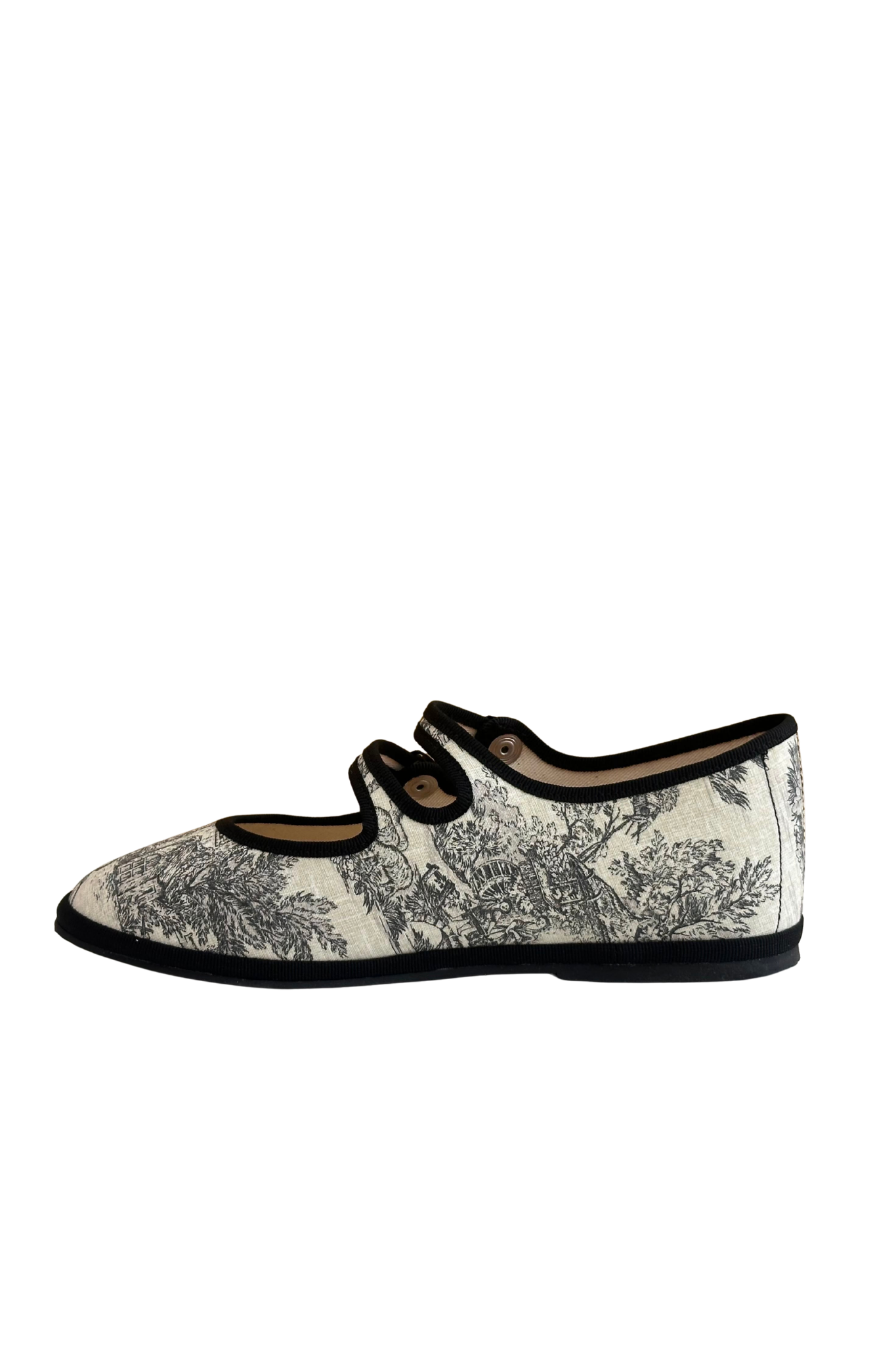 Made in Italy Gondolina Toule de Jouy Mary Jane shoes in black white cotton, back view