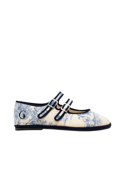 Made in Italy Gondolina Toule de Jouy Mary Jane shoes in blue white cotton, main view