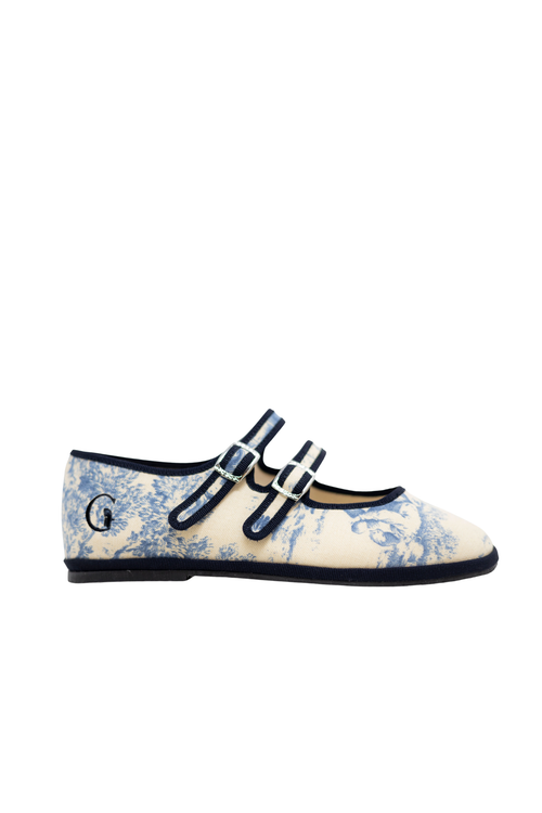 Made in Italy Gondolina Toule de Jouy Matry Jane shoes in blue white cotton, main view