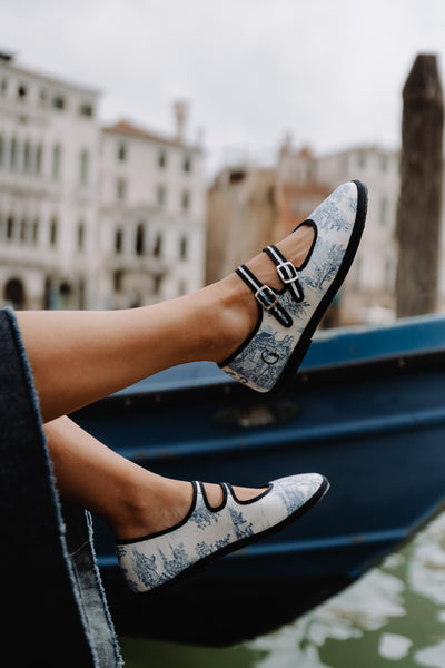 Made in Italy Gondolina Toule de Jouy Mary Jane shoes in blue white cotton, lifestyle