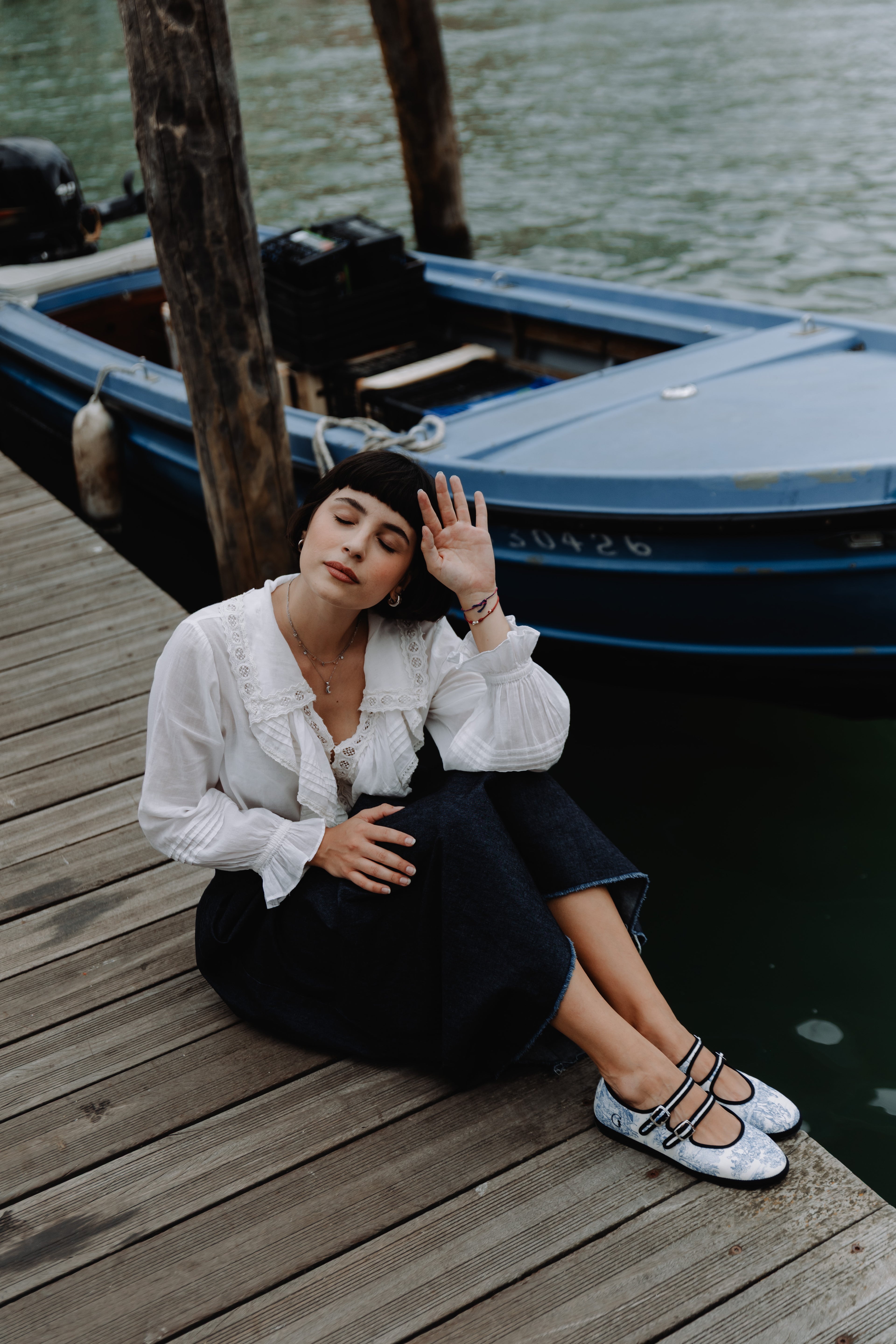 Made in Italy Gondolina Toule de Jouy Matry Jane shoes in blue white cotton, worn by model