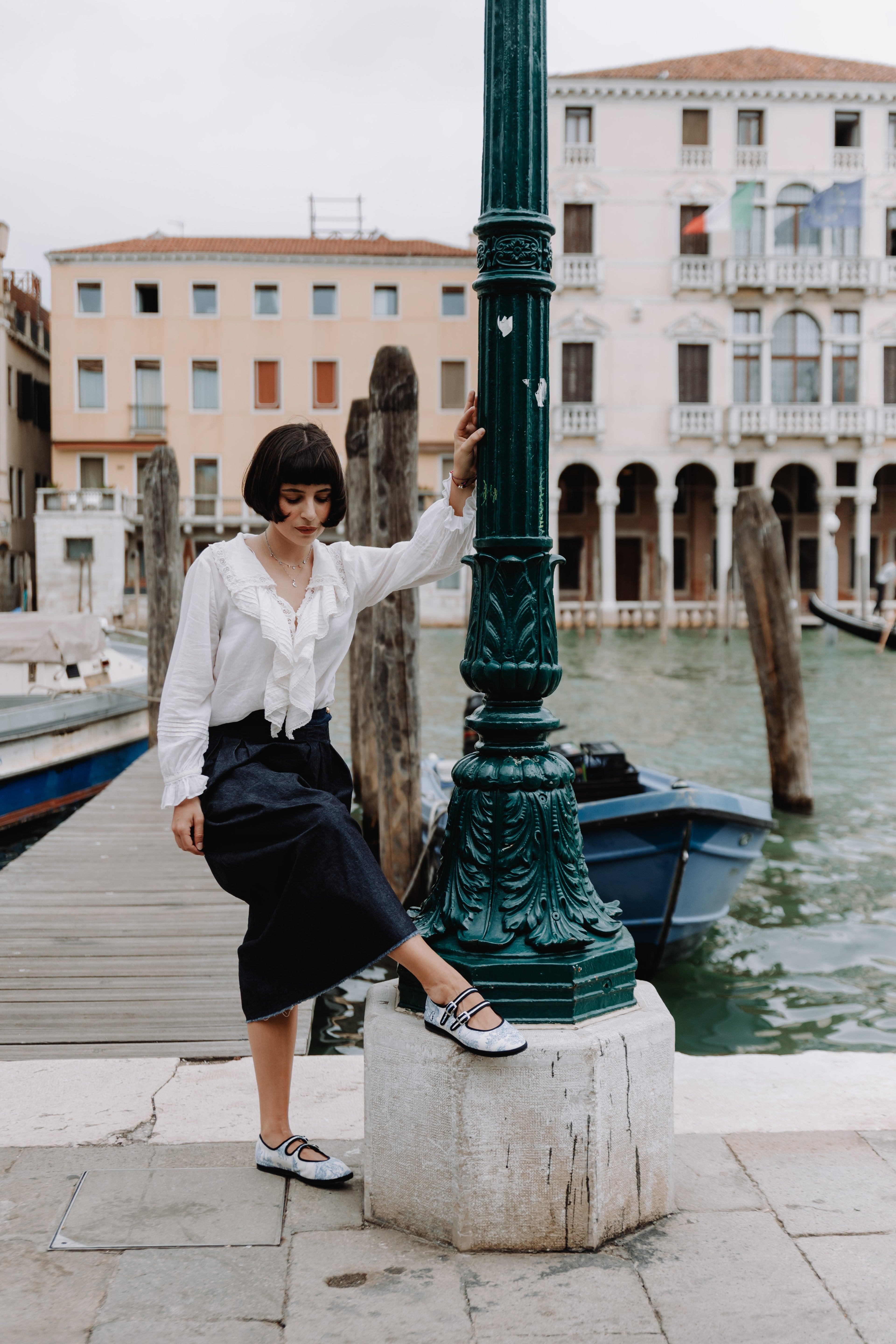 Made in Italy Gondolina Toule de Jouy Matry Jane shoes in blue white cotton, worn by model