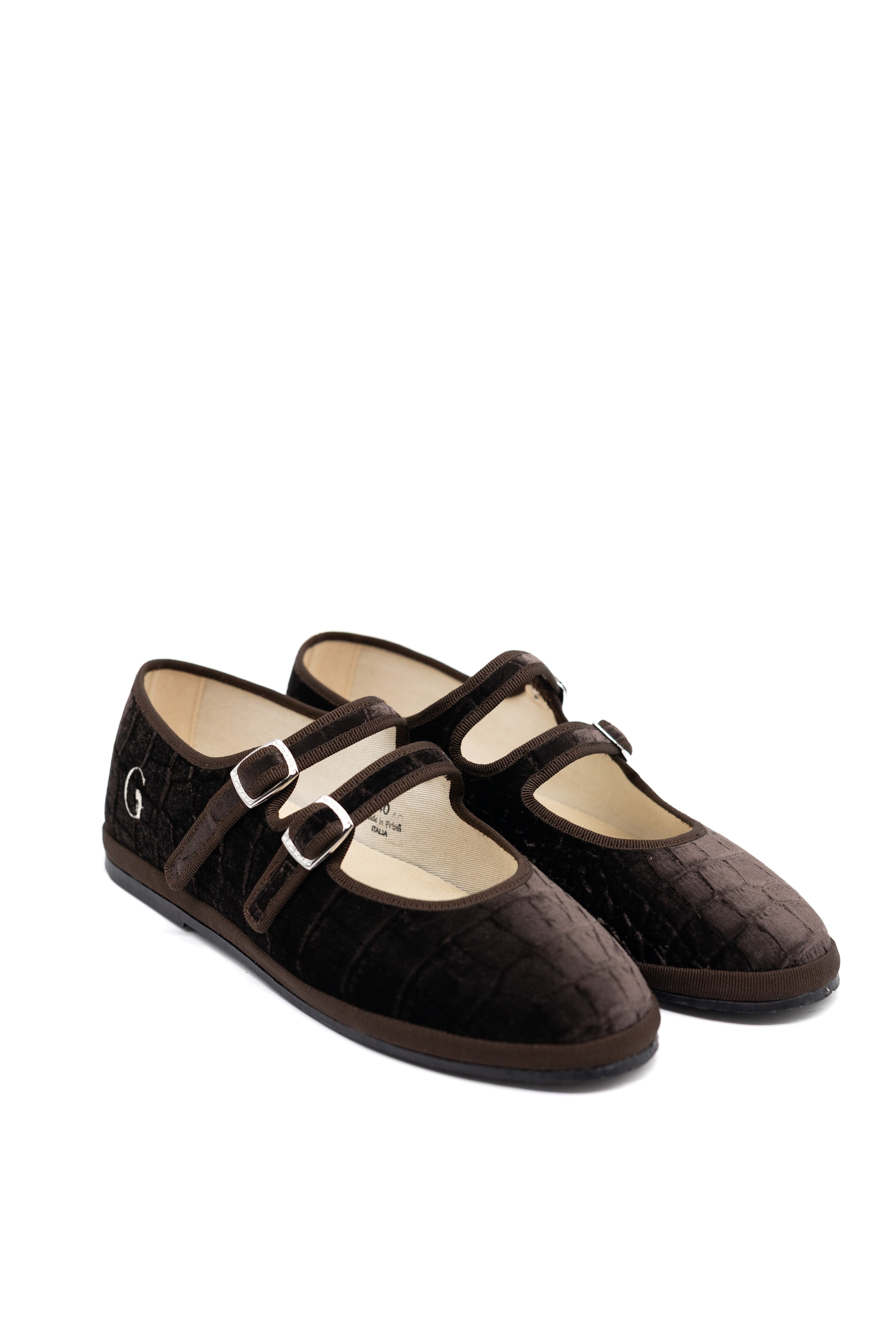 Handcrafted Gondolina Croco Mary Jane with brown crocodile effect, featuring authentic Venetian design, close-up