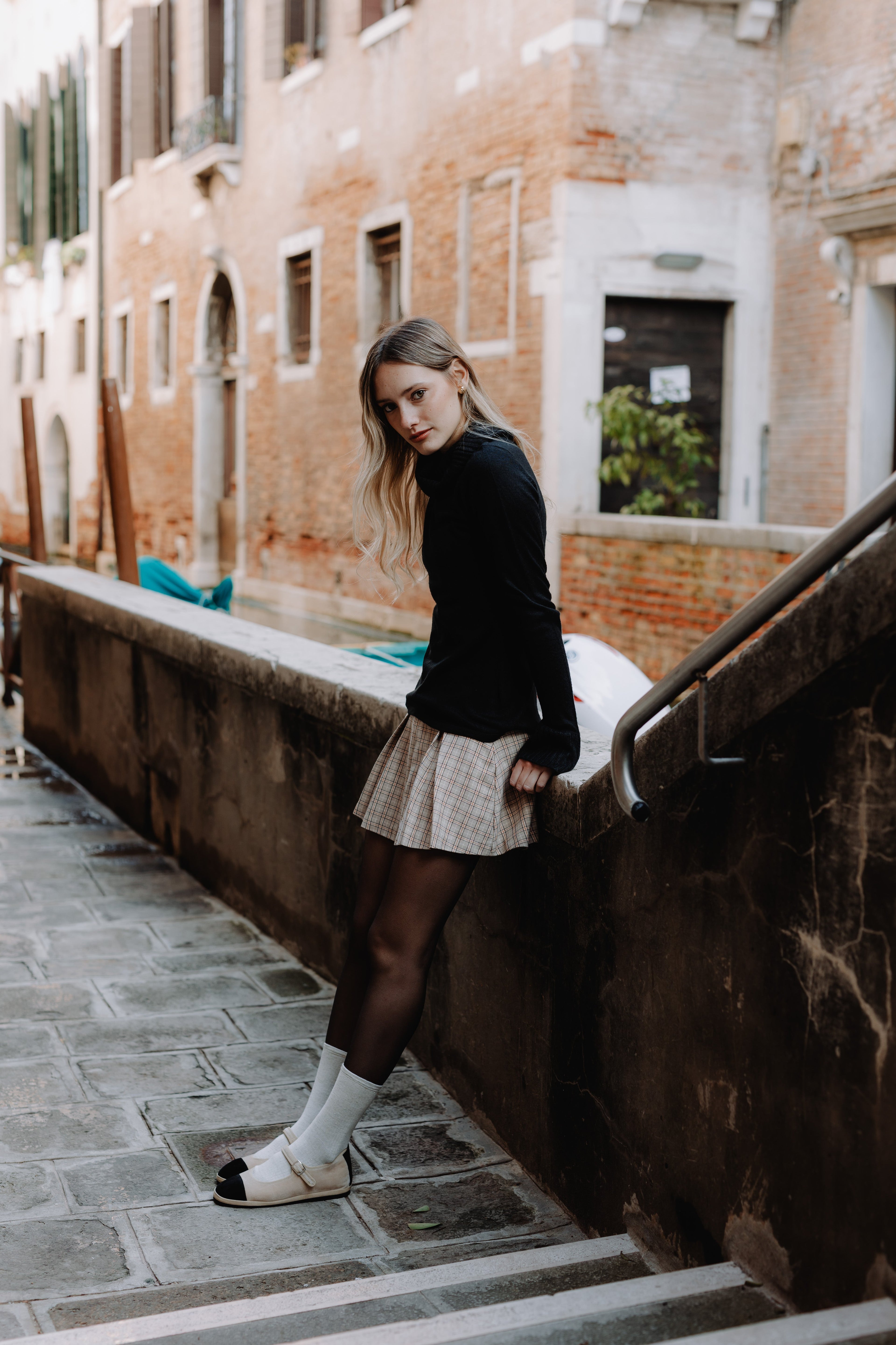 Handcrafted Gondolina Damier Mary Jane in nude velvet with toe in black suede, featuring authentic Venetian design, full-body