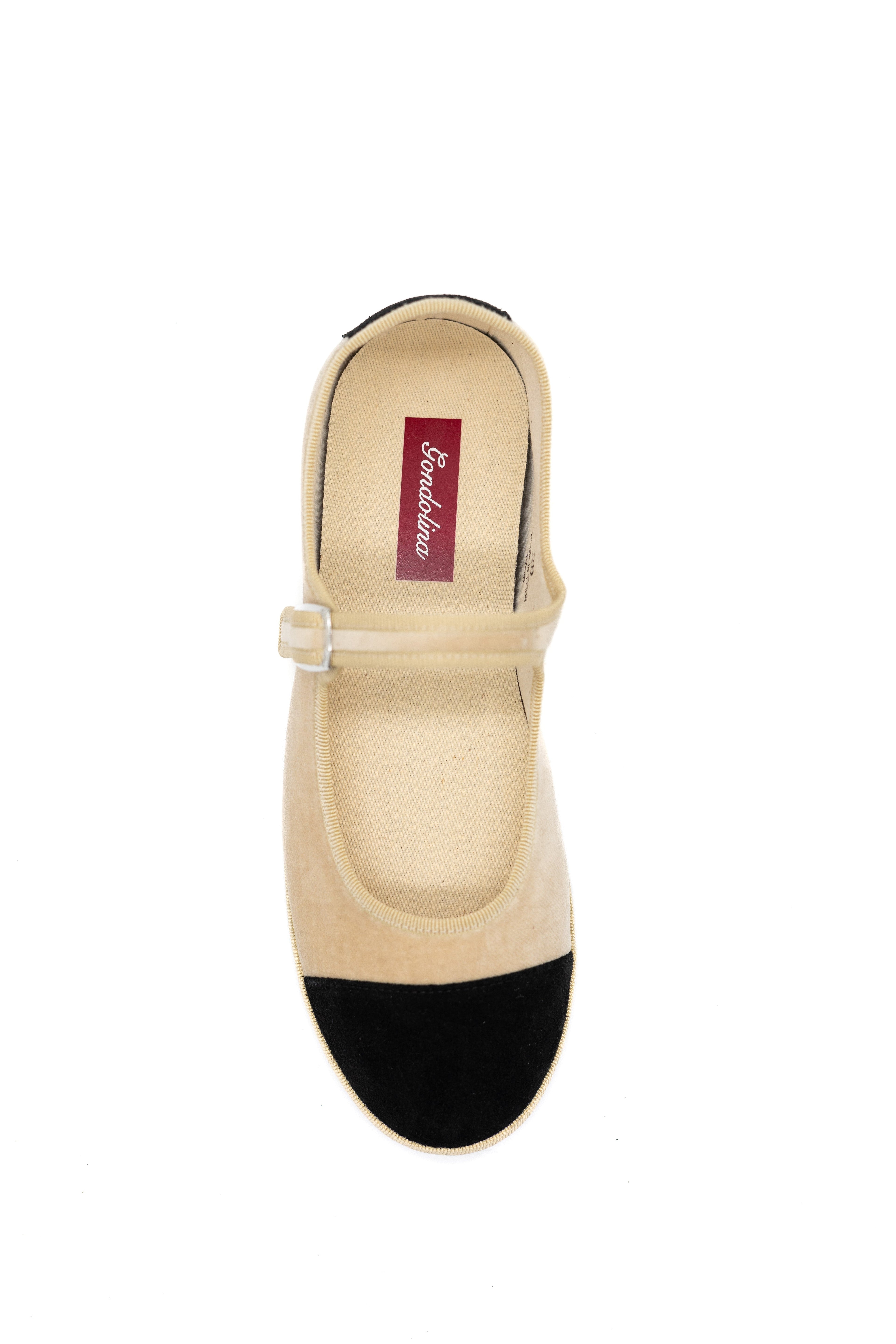 Handcrafted Gondolina Damier Mary Jane in nude velvet with toe in black suede, featuring authentic Venetian design, top view