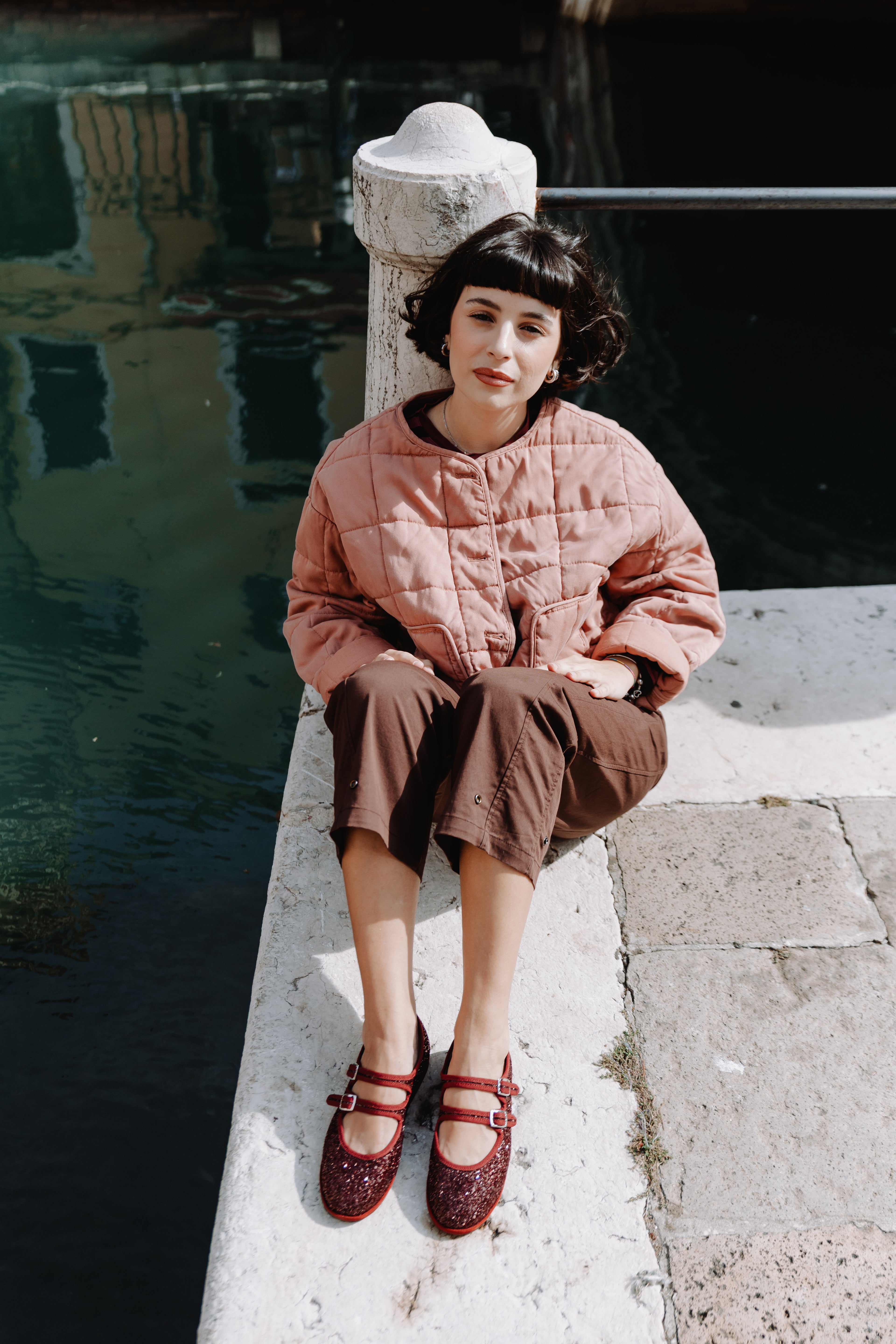 Gondolina Shoes Giudecca Mary Jane in blue glitter, worn by model