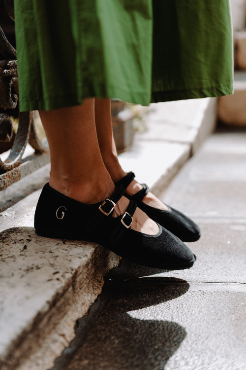 Handcrafted Gondolina Mary Jane in black velvet, Gondola style featuring authentic Venetian design, close-up