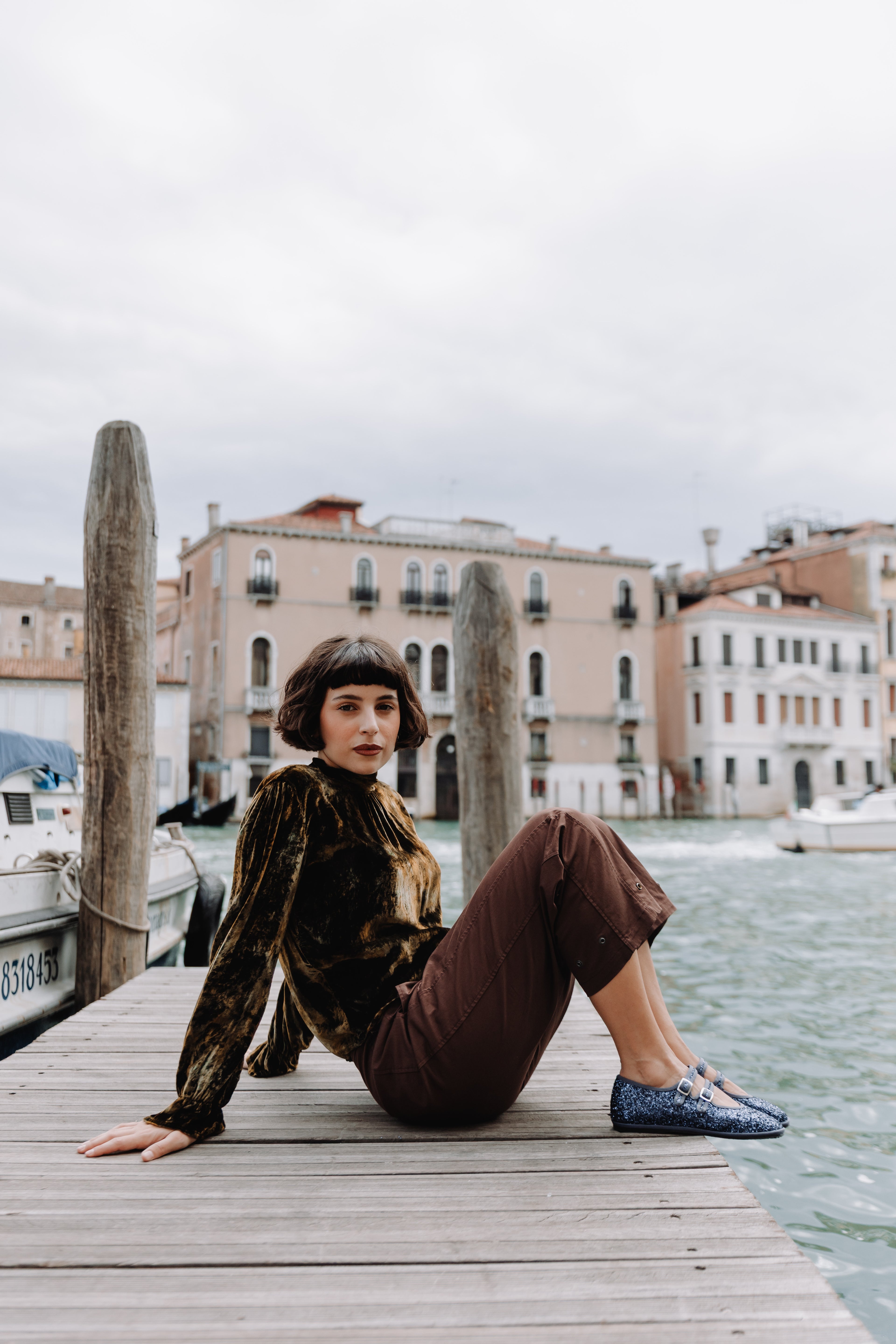 Gondolina Shoes Gran Canale Mary Jane in blue glitter, worn by model view