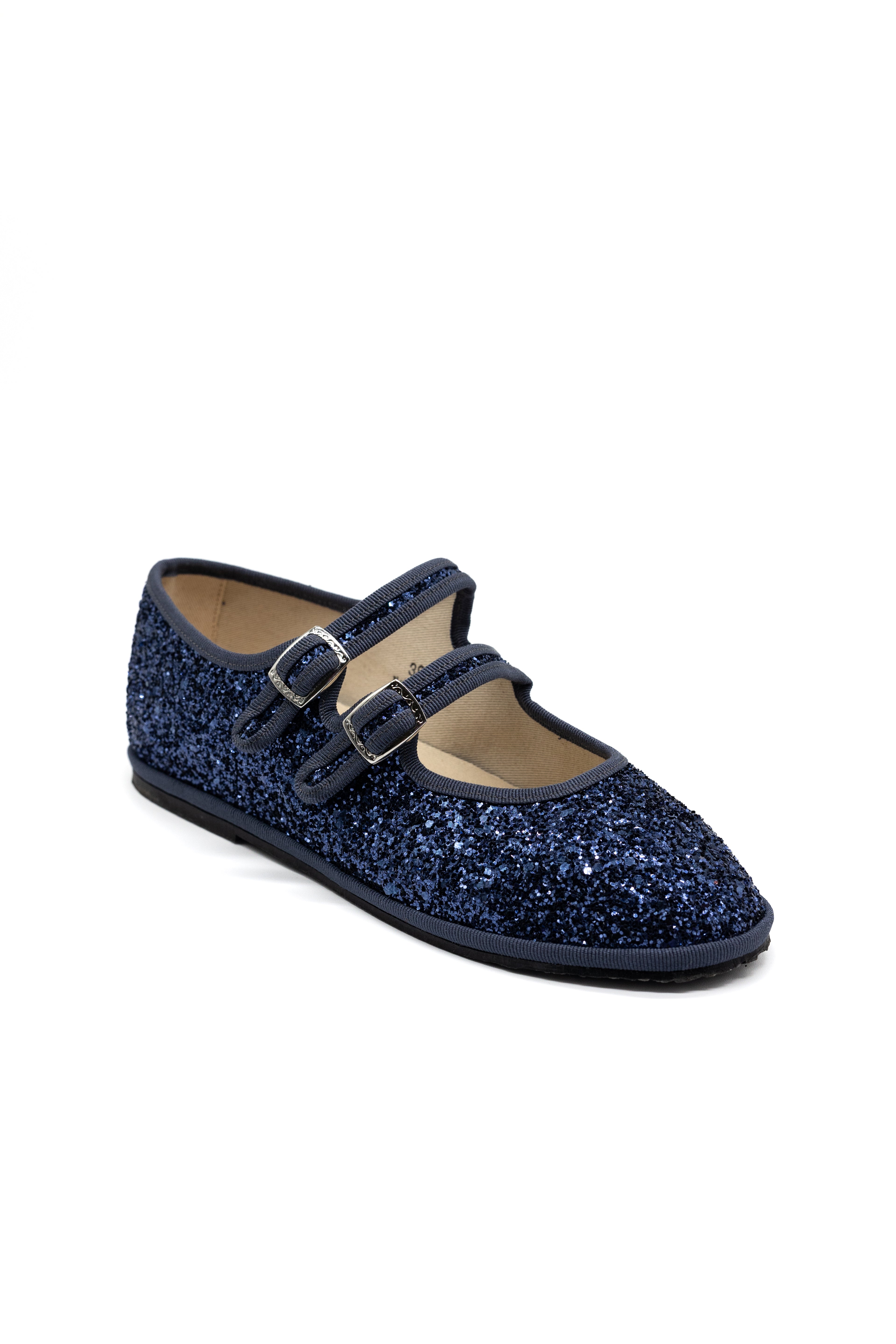 Gondolina Shoes Gran Canale Mary Jane in blue glitter, angled view