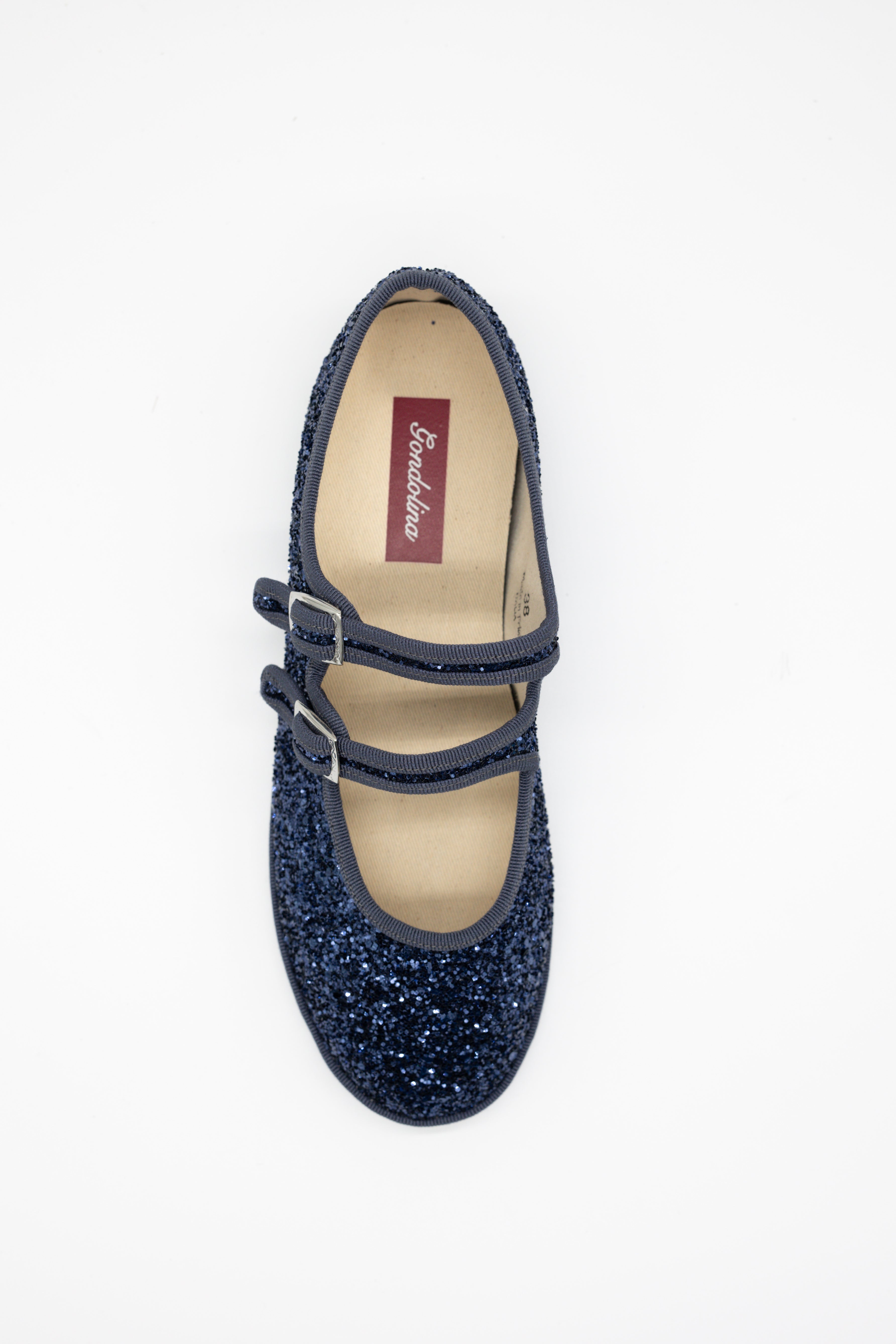 Gondolina Shoes Gran Canale Mary Jane in blue glitter, top view