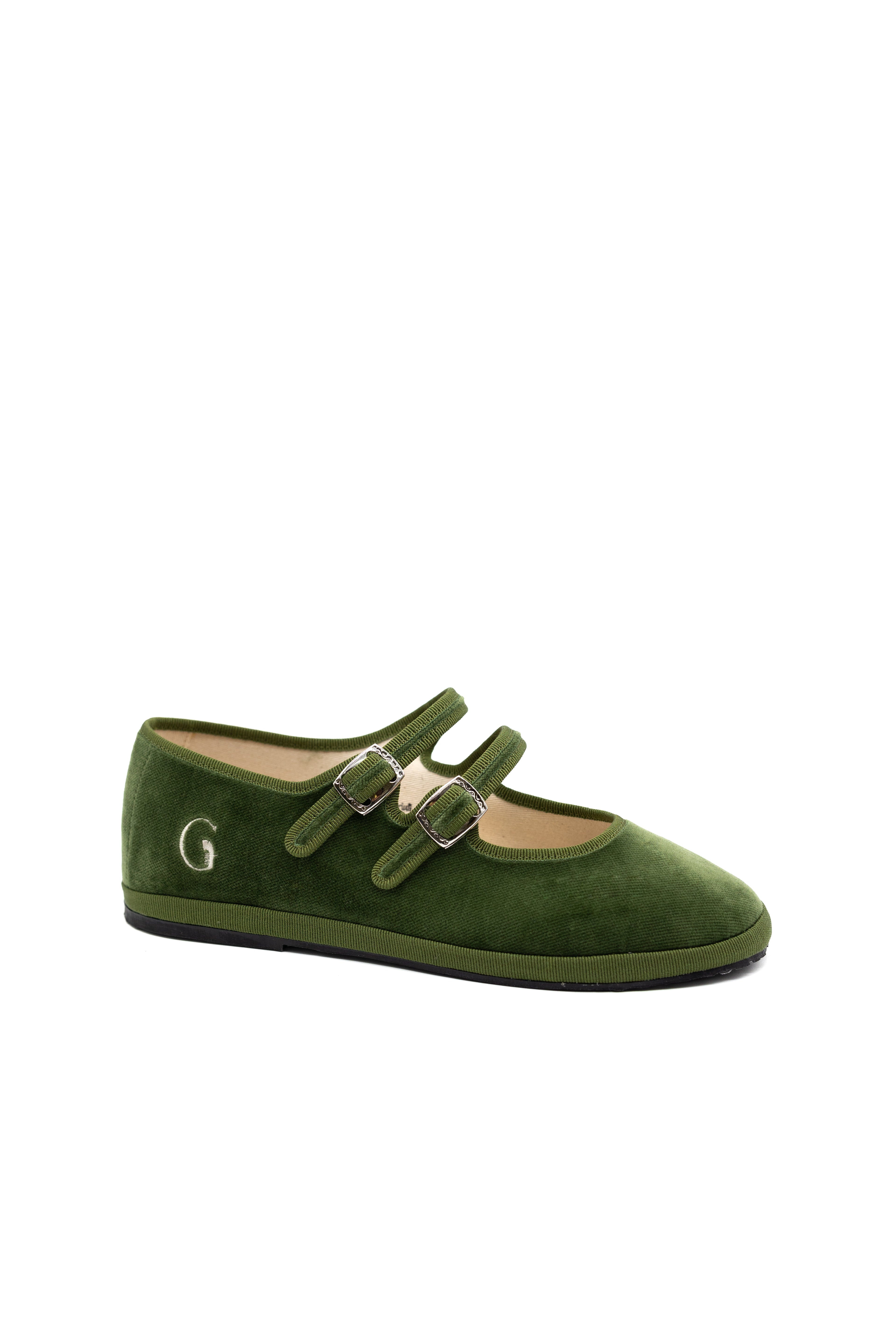 Gondolina Shoes Guglie Mary Jane in light green velvet, angled view