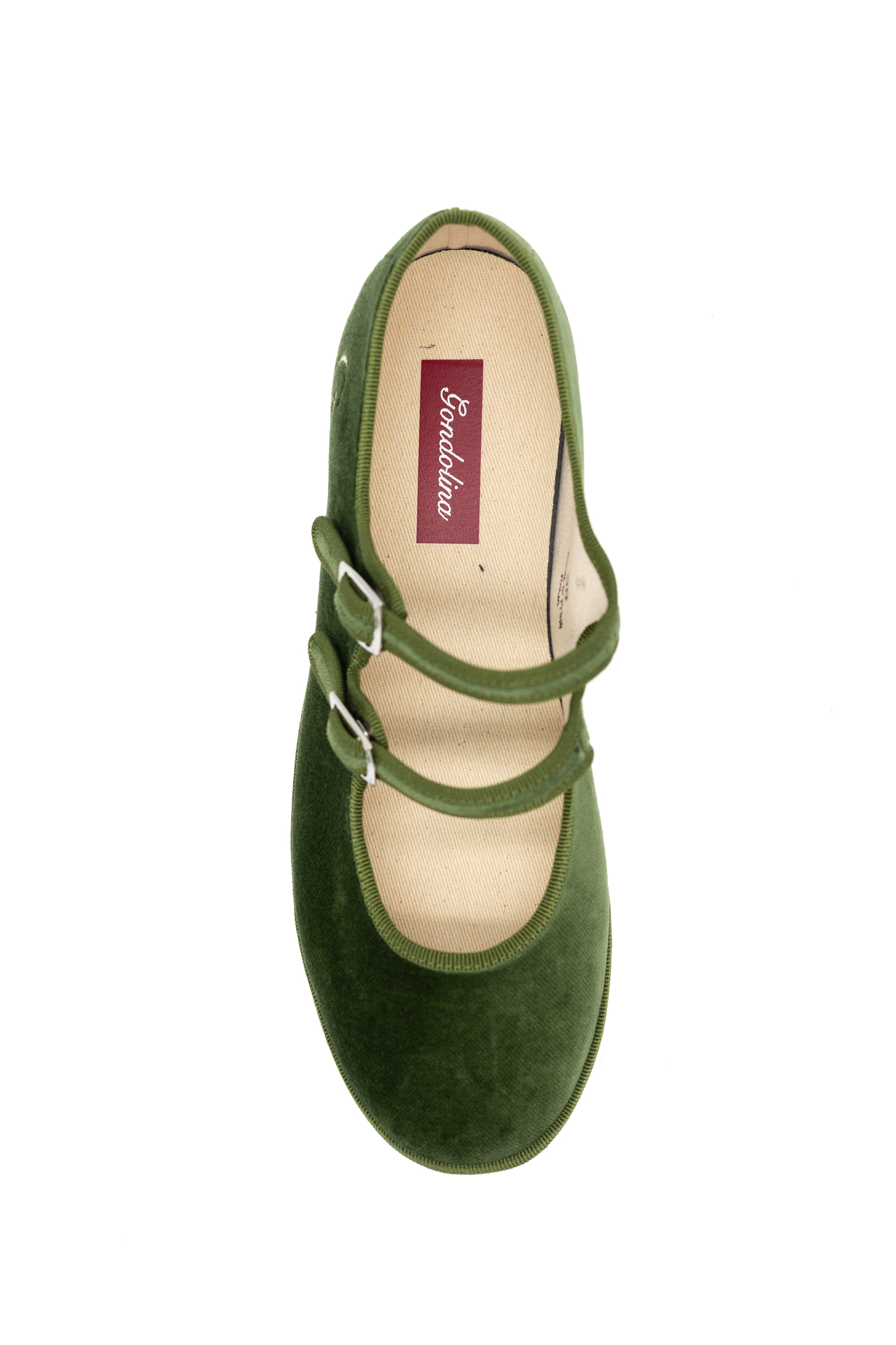 Gondolina Shoes Guglie Mary Jane in light green velvet, top view