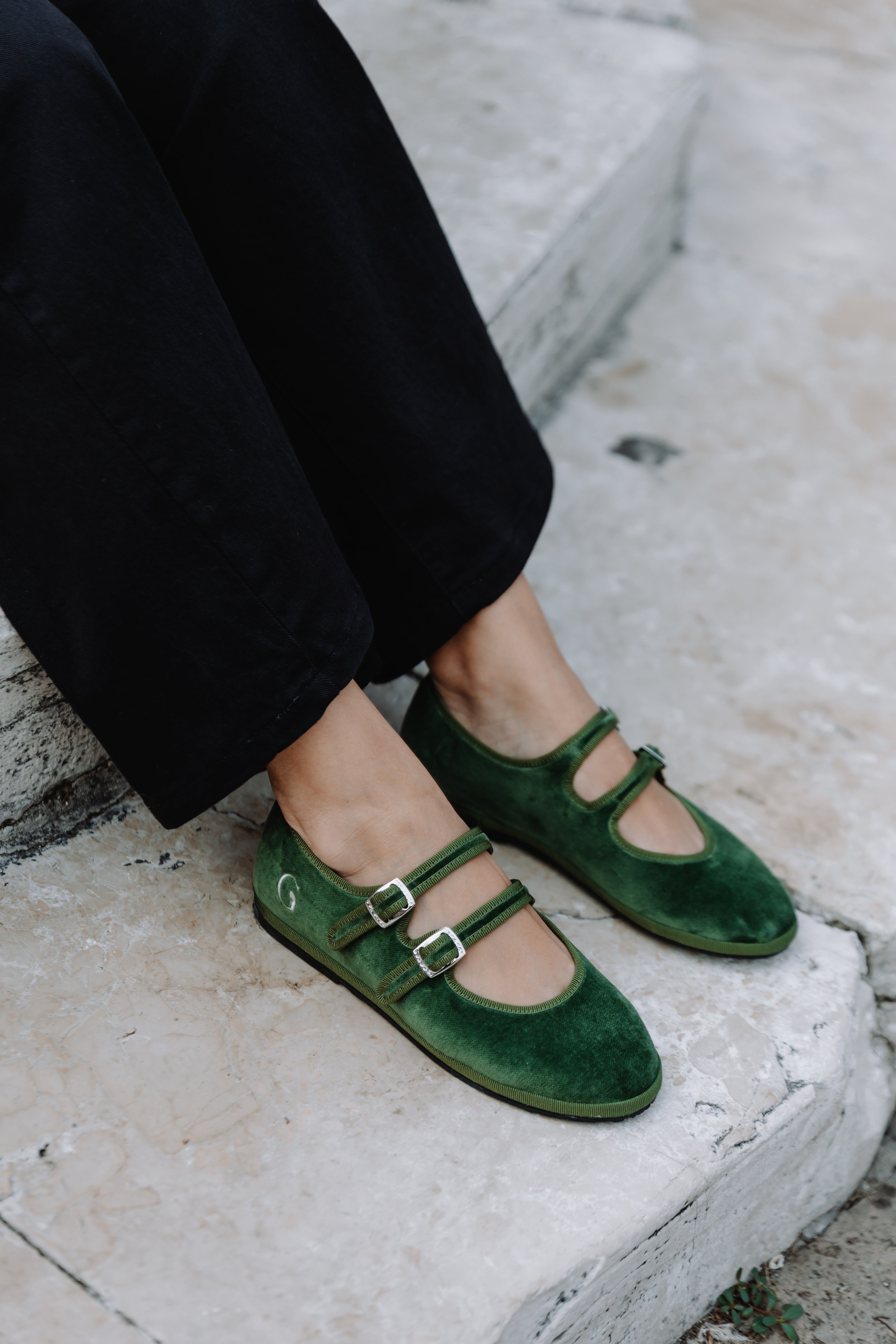 Gondolina Shoes Guglie Mary Jane in light green velvet, lifestyle view