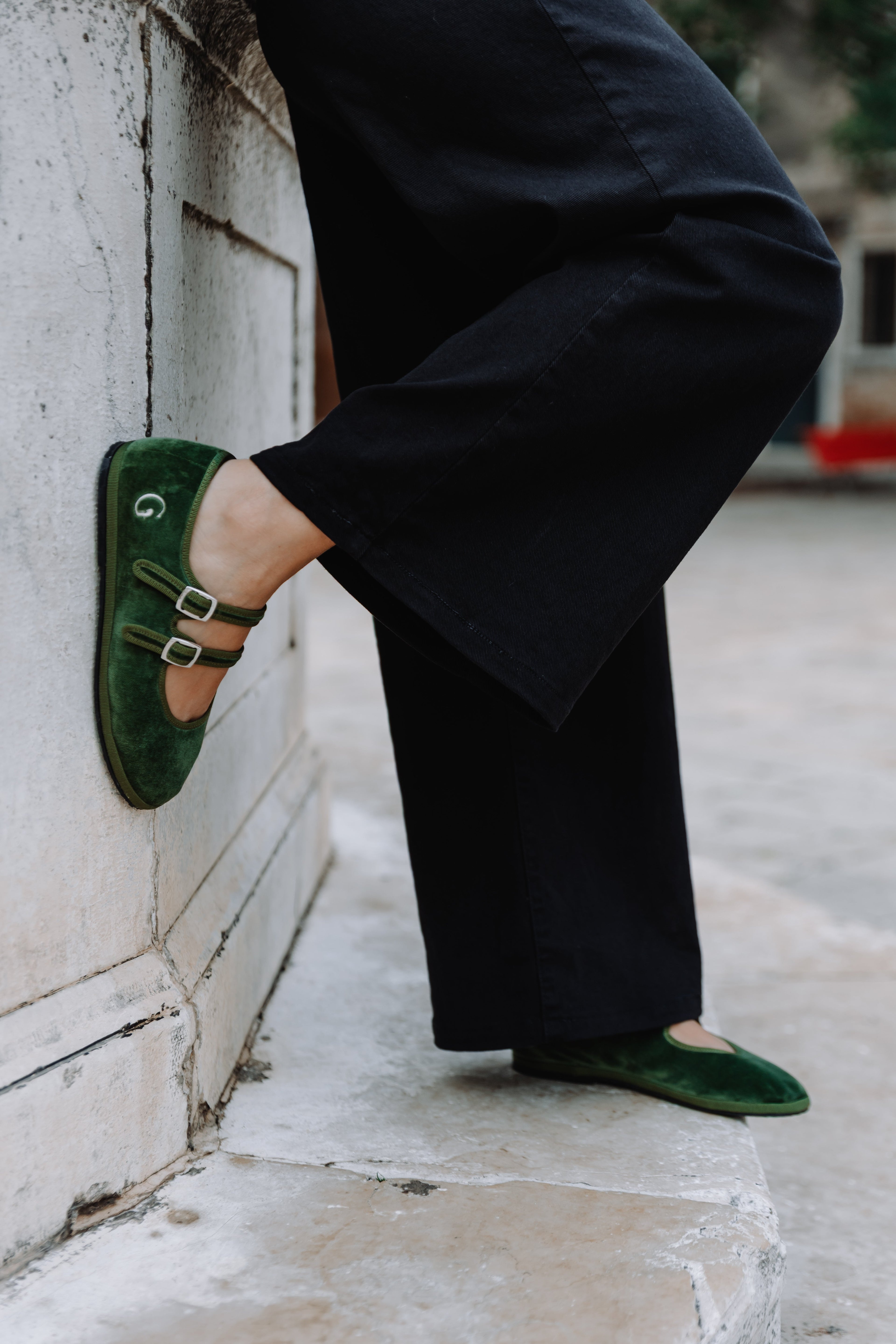 Gondolina Shoes Guglie Mary Jane in light green velvet, lifestyle detail view